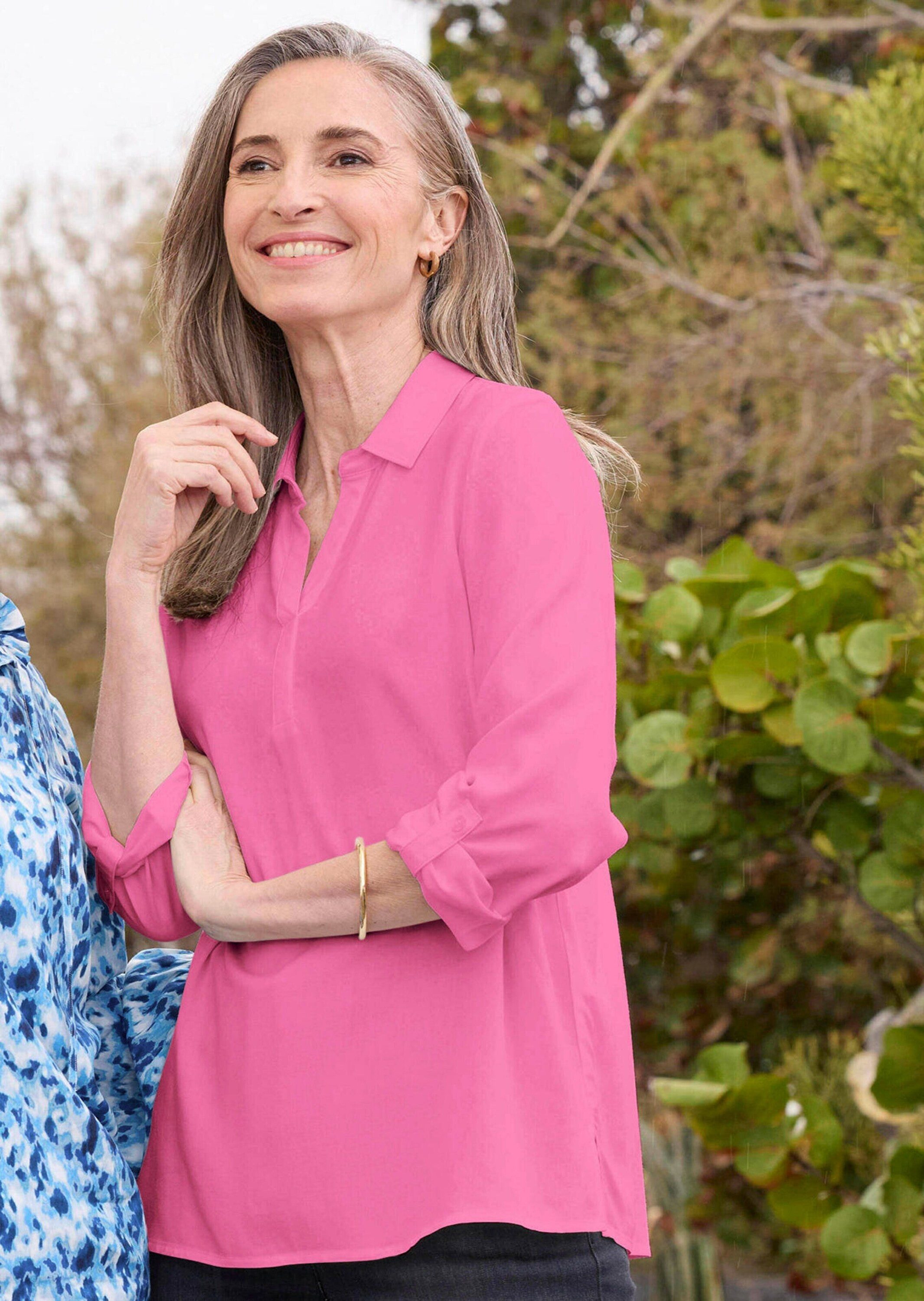 GOLDNER Klassische Bluse Zeitlose Viskosebluse mit Hemdkragen Fließende Hemdbluse mit Schlitzblende und Langarm