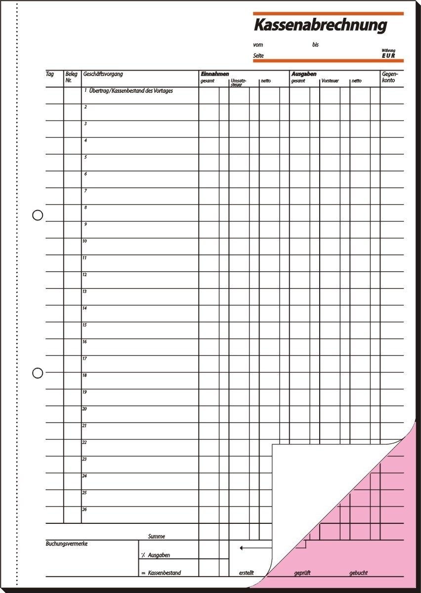 Sigel Formularblock Formularbuch Kassenabrechnung A4 VE=2x50 Blatt