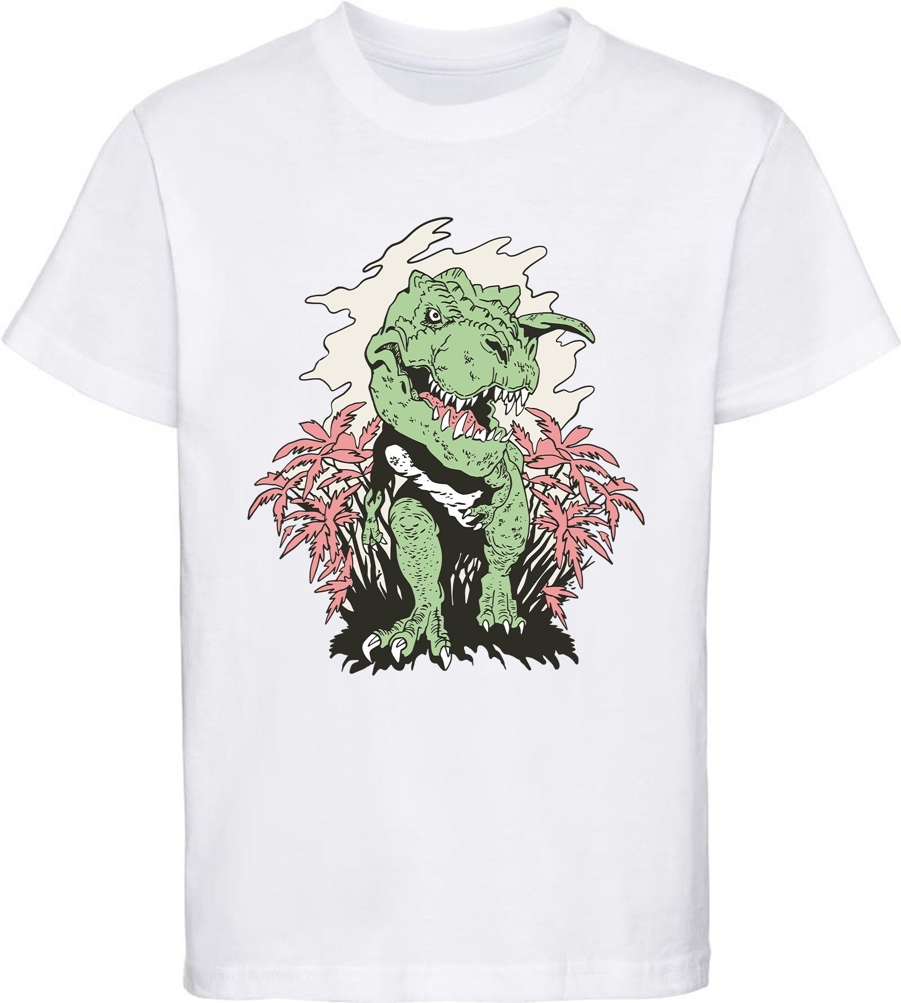 MyDesign24 Print-Shirt bedrucktes Kinder T-Shirt T-Rex der aus einem Busch kommt 100% Baumwolle mit Dino Aufdruck, schwarz, weiß, rot, blau, i101 weiss