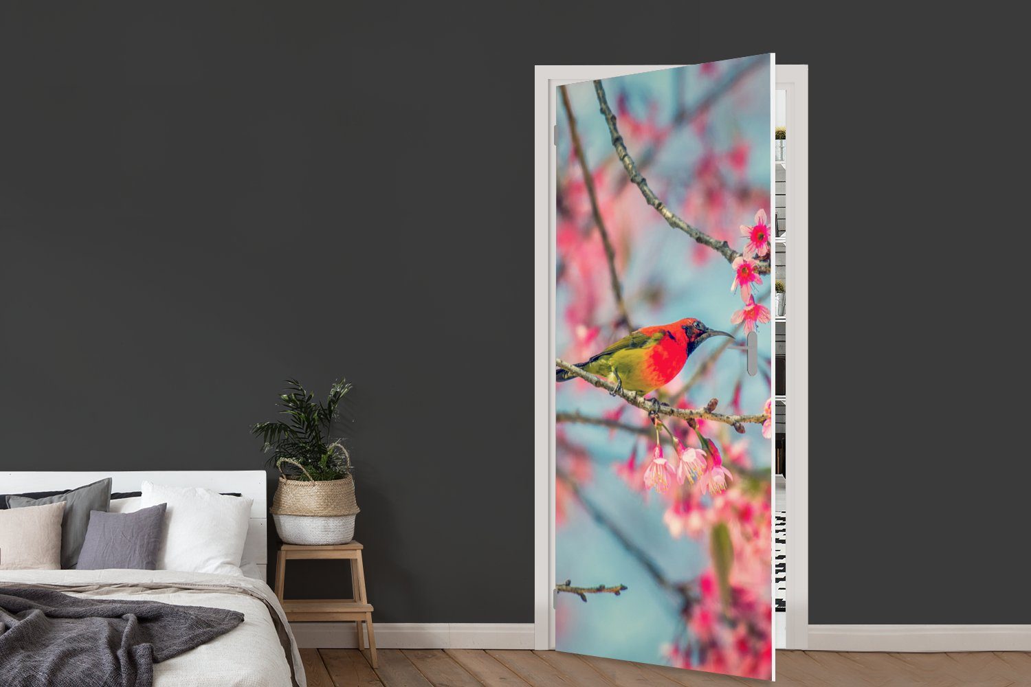 Türaufkleber, Tür, bedruckt, 75x205 Farben, St), Matt, Vogel Türtapete - für Sakura (1 MuchoWow - cm Fototapete