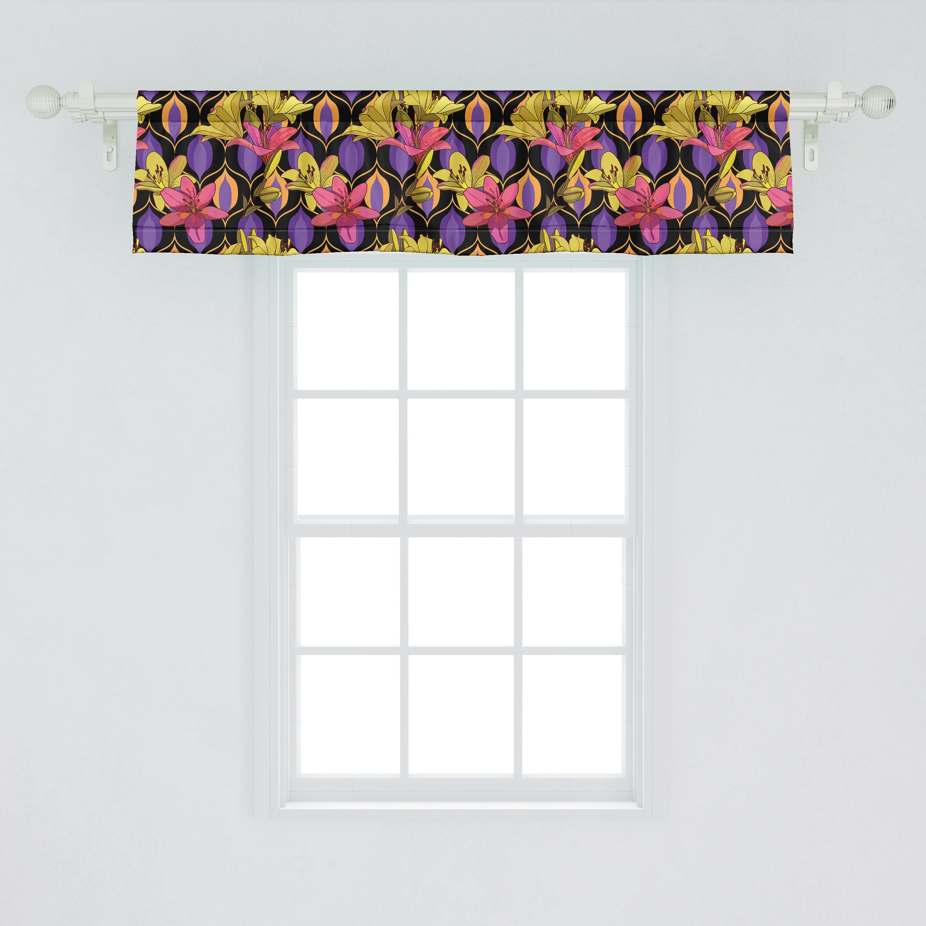 Stangentasche, für Scheibengardine Küche Dekor Schlafzimmer Volant Microfaser, Vorhang Retro-Motiv Blumen Lily Jahrgang Abakuhaus, auf mit