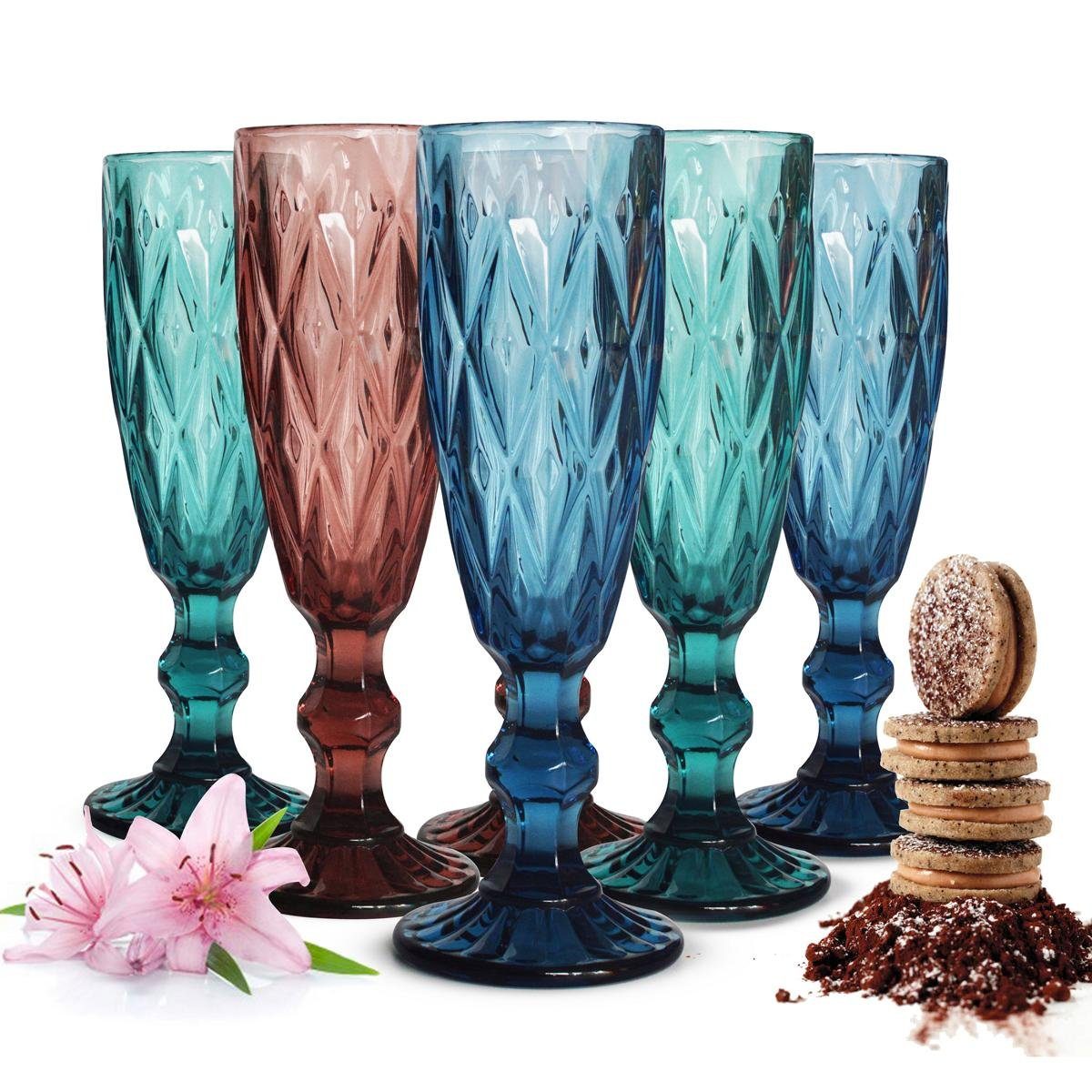 Sendez Sektglas 6 bunte Sektgläser 150ml Champagner Sektkelche Sektglas Proseccogläser, Glas