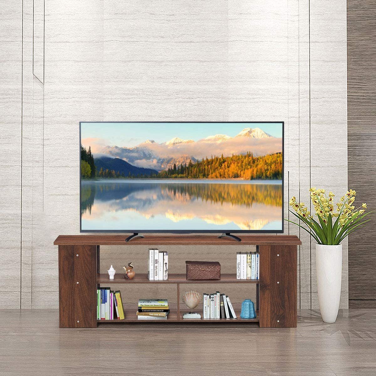 KOMFOTTEU TV-Schrank Fernsehschrank aus Holz für Fernseher bis zu 50 Zoll Kaffeebraun