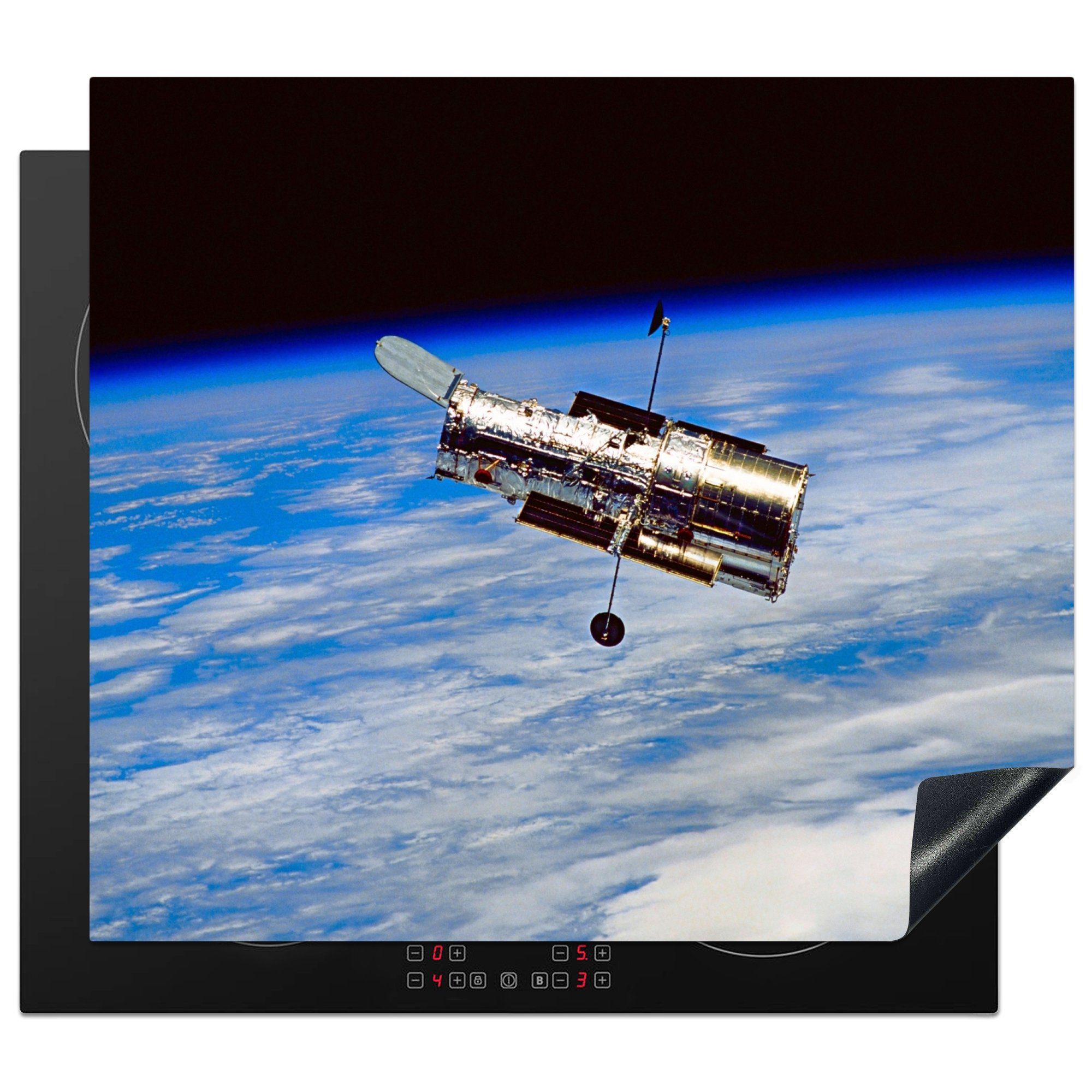 MuchoWow Herdblende-/Abdeckplatte Das Hubble-Teleskop dreht sich um die Erde, Vinyl, (1 tlg), 60x52 cm, Mobile Arbeitsfläche nutzbar, Ceranfeldabdeckung