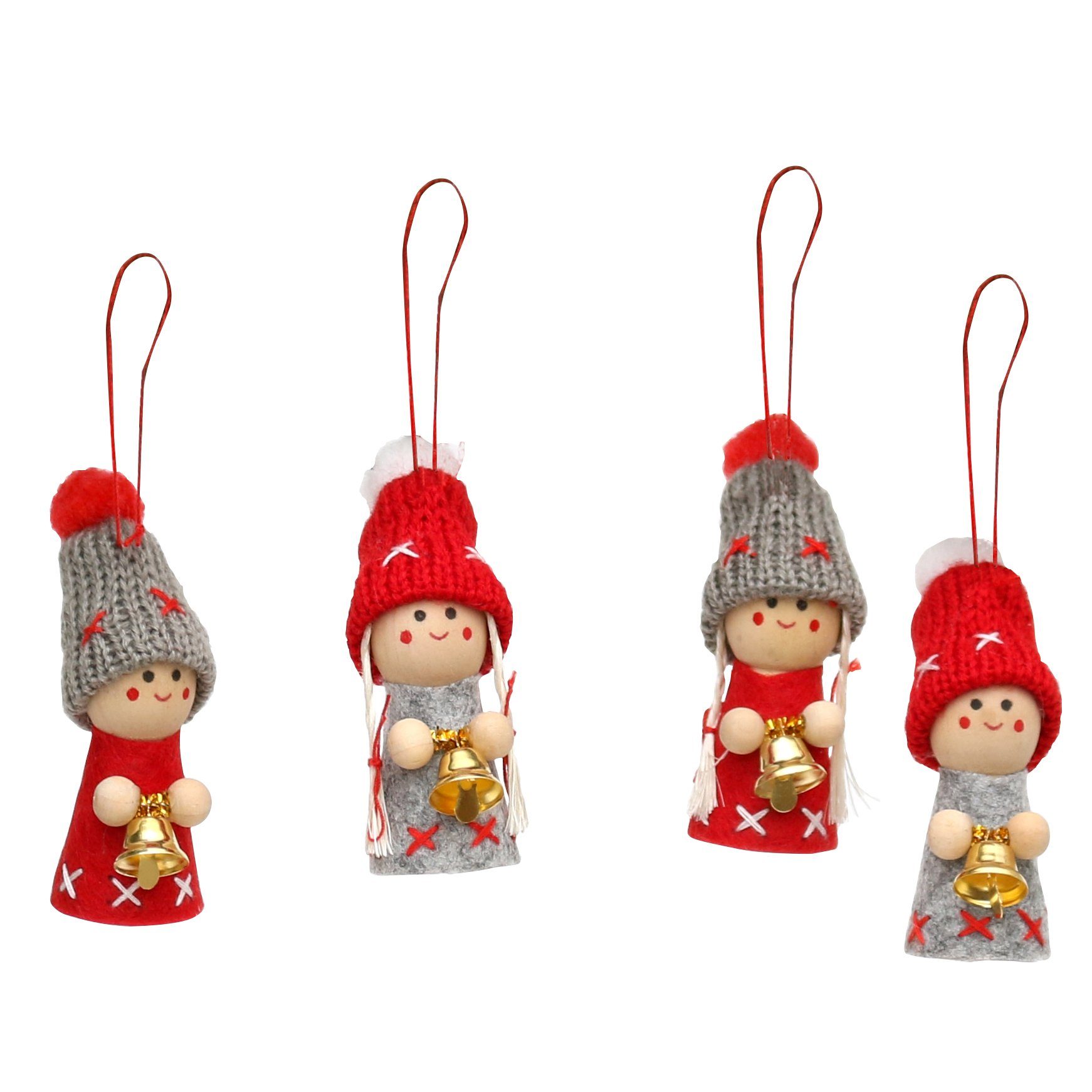 Dekohelden24 Dekohänger Weihnachtswichtel als Baumbehang im 4er Set in grau/ rot mit Glöckchen