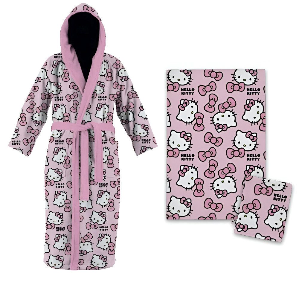 Hello Kitty Kinderbademantel Hallo Kitty Kinder Mädchen 3 tlg. Set Bademantel Handtuch Handschuh, langarm, Polyester, Kapuze, Gürtel, Gr. 98 bis 128