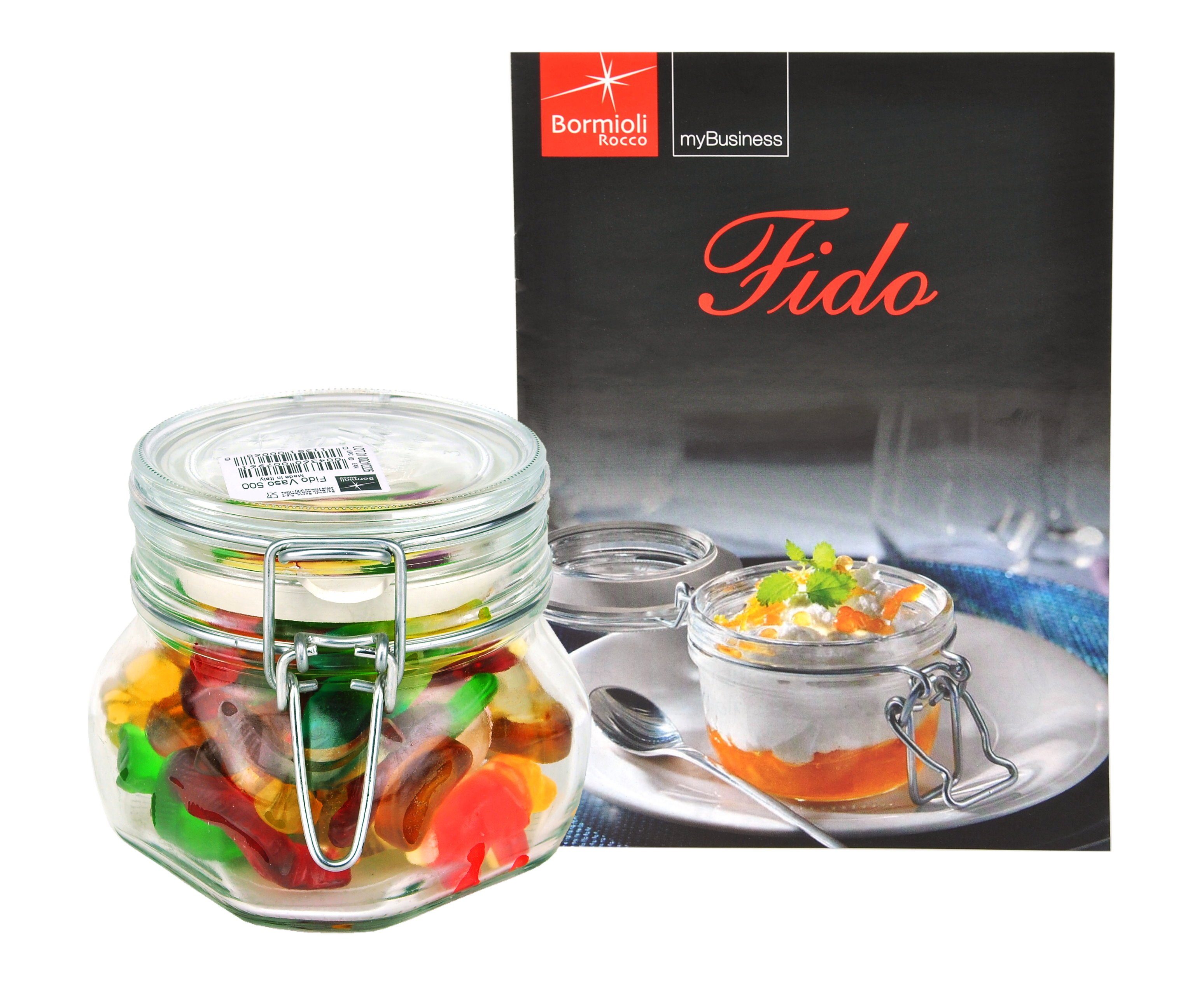 Bormioli Rocco Vorratsglas Einmachglas Bügelverschluss Original Fido 0,5L incl. Rezeptheft, Glas