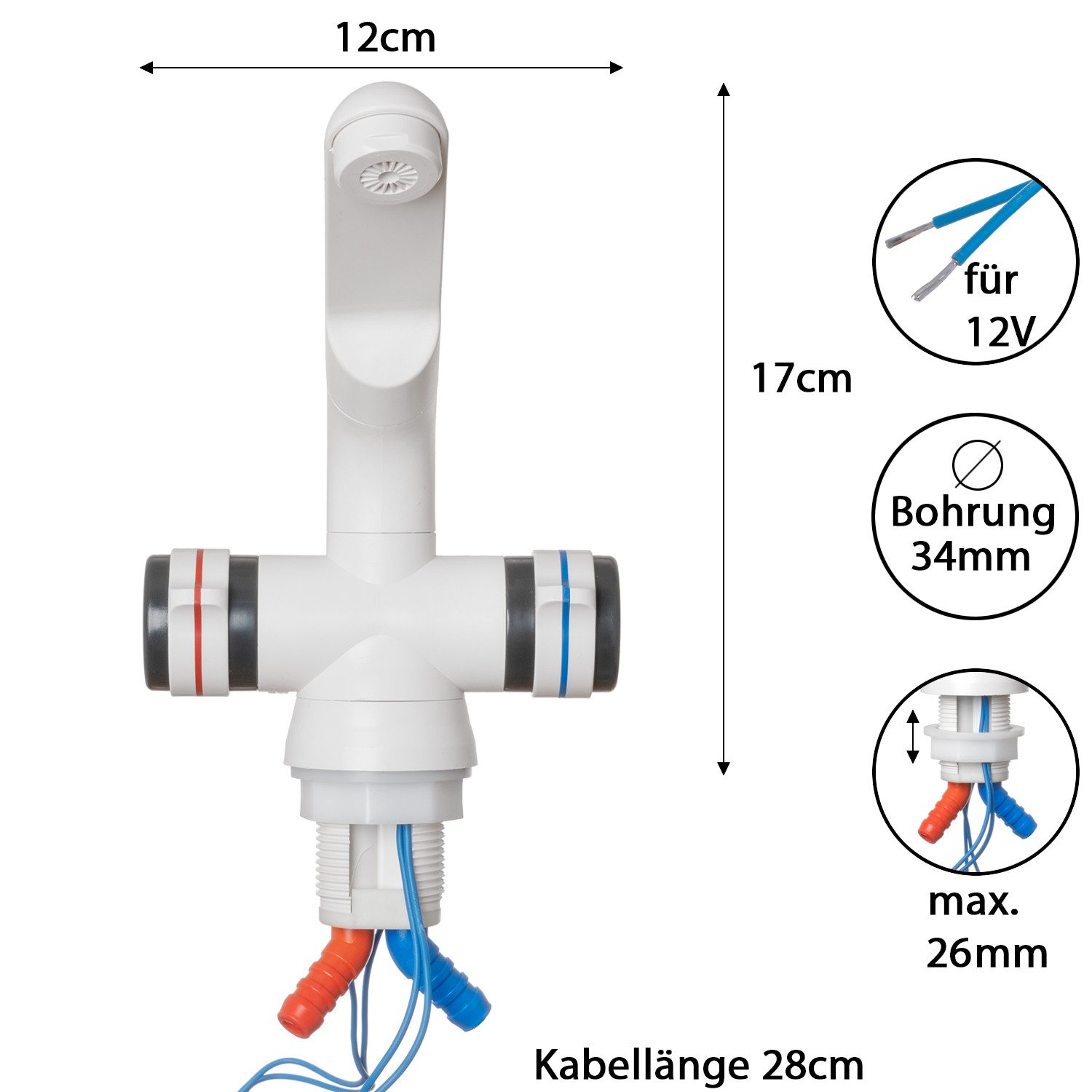Moritz Elektrischer Wasserhahn Camping Wasserhahn 12V Kalt Warm Wohnwagen Wohnmobil Wasserarmatur