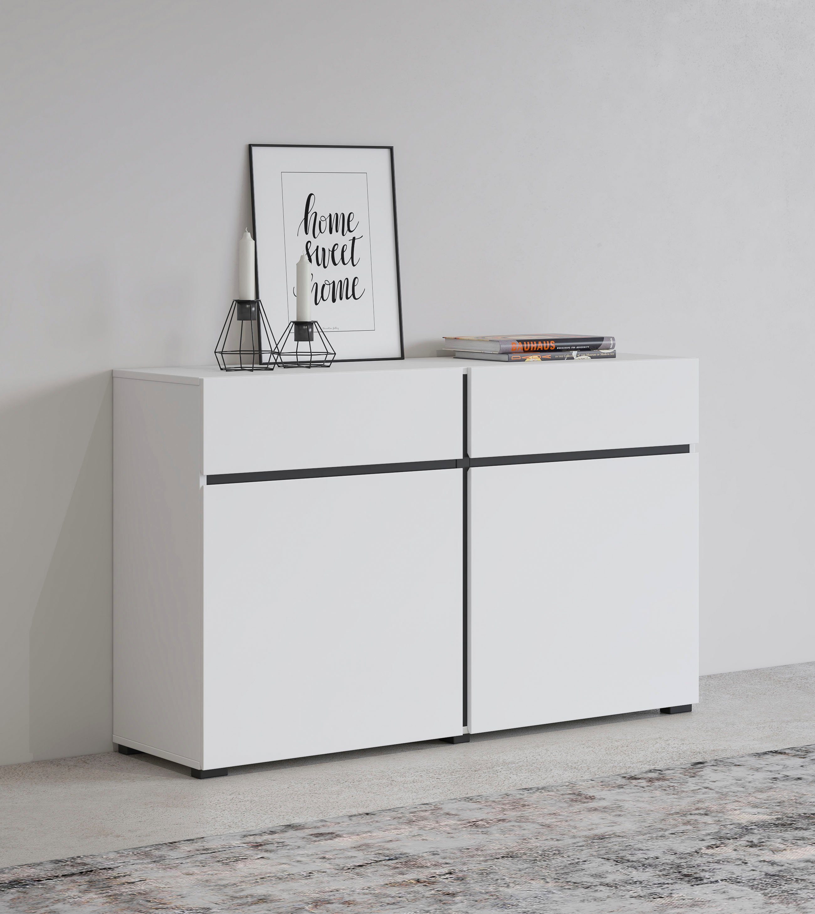 INOSIGN Sideboard Cross,Breite 119,5 cm, moderne grifflose Kommode,2 Türen/2 Schubkästen, Schubladenschrank,Anrichte mit viel Stauraum, Einlegeböden verstellbar