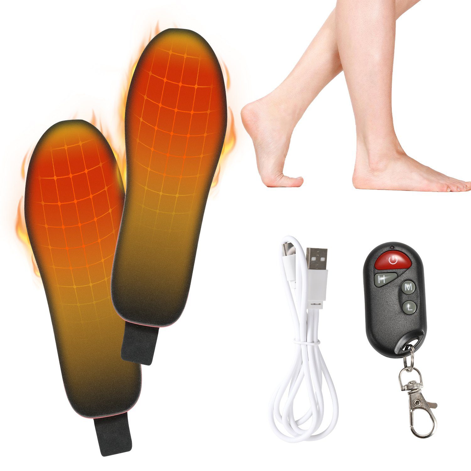 3-stufige Thermosohlen Winter Temperaturregelung, 5-tlg., Beheizte Einlegesohlen, USB mit Paar), Gimisgu Wiederaufladbar Fernbedienung, 35-40, (Set, 1 Outdoor usb-Ladekabel für