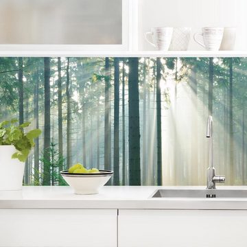 Bilderdepot24 Küchenrückwand grün dekor Bäume Wald Natur Enlightened Forest Wandverkleidung Küche, (1-tlg., Nischenrückwand - für Fliesenspiegel ohne Bohren - matt), Spritzschutz Rückwand Küche Herd - Folie selbstklebend versch. Größen