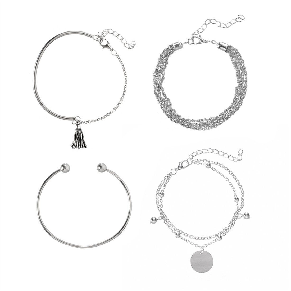 Armbänder mehrschichtige Damenarmband Silbernes 4er-Set, Quasten, Armband DÖRÖY mit