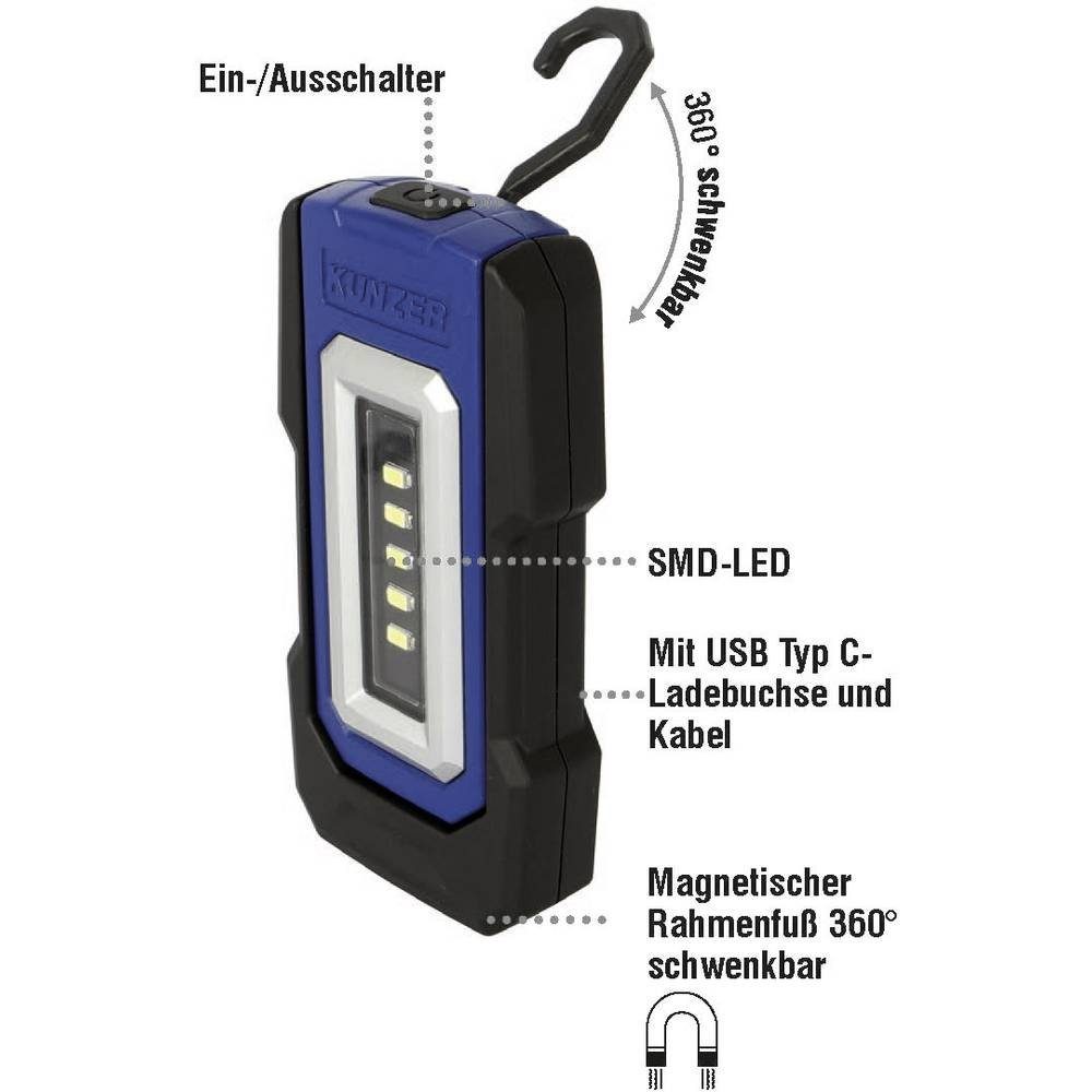Kunzer Arbeitsleuchte SMD-LED Arbeitslampe PL-050, Ausziehbarer Halter, Haken zum Hängen, Ladeanzeige, Magnetischer Fuß