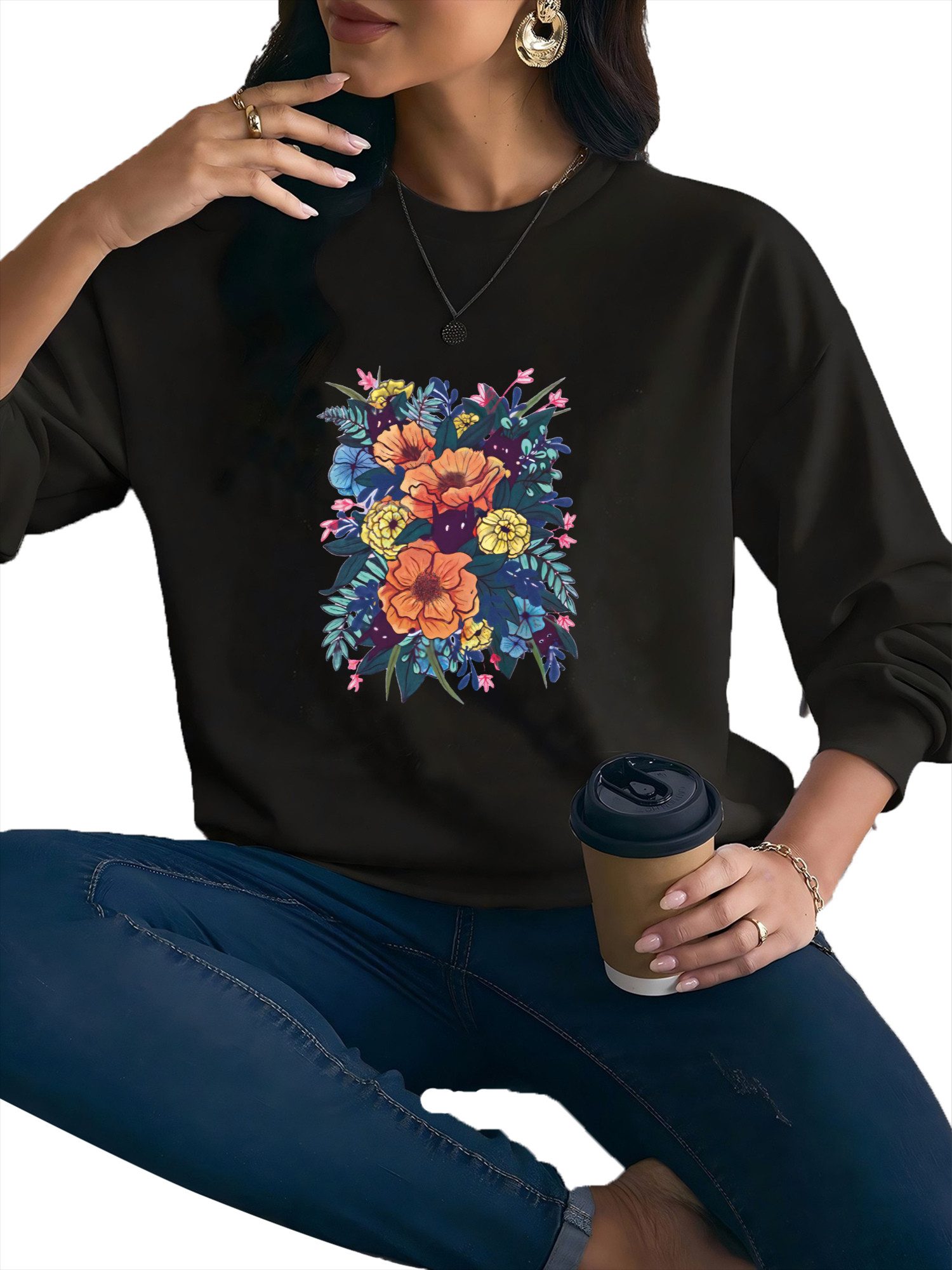 PYLIKE Fleecepullover Fleecepullover Damen,Sweatshirt mit Blumen Print,Langarm Lockerem Fit Bequem für Herbst & Winter