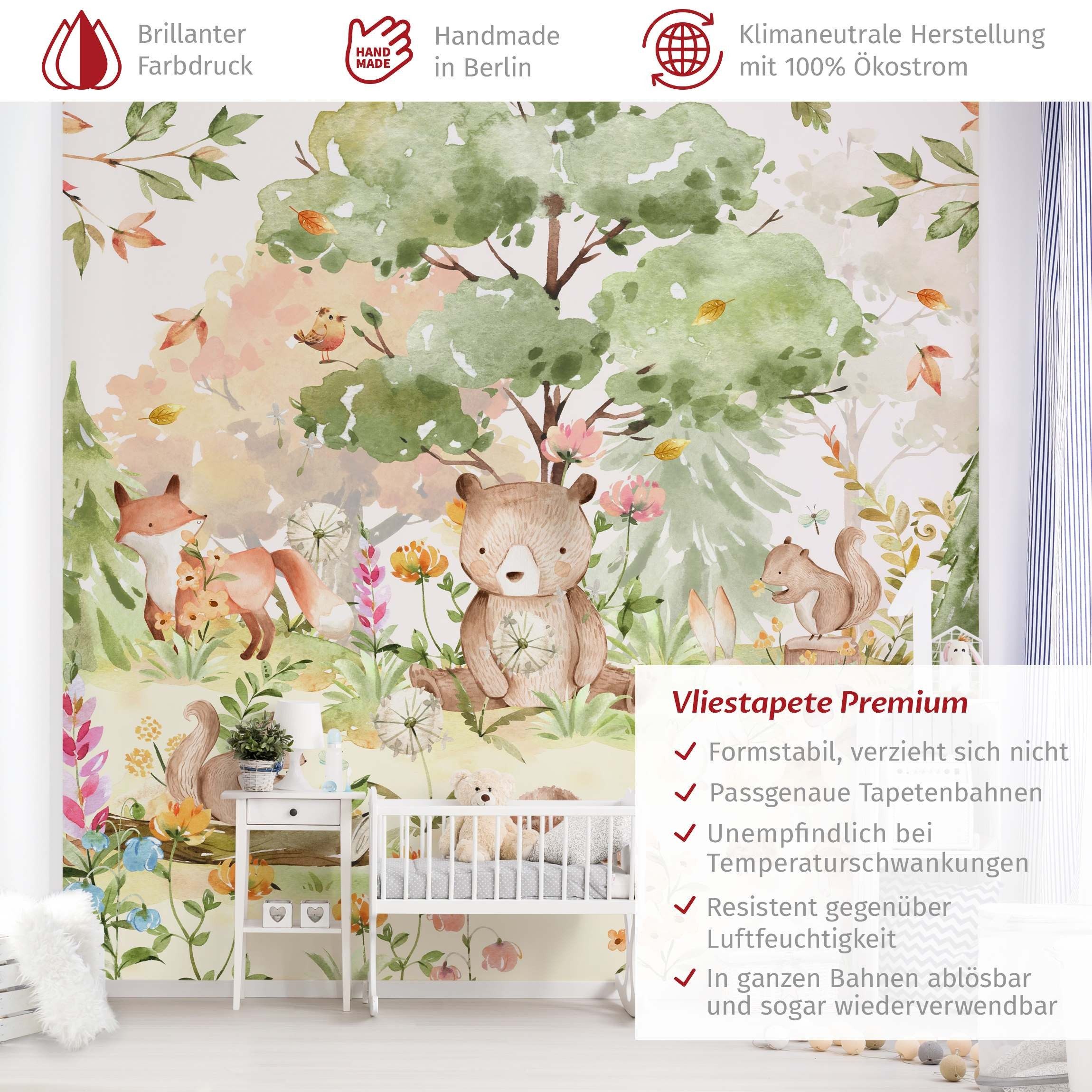 Bilderdepot24 Kindertapete Kinderzimmer Aquarell Waldtiere Bär günstig online kaufen