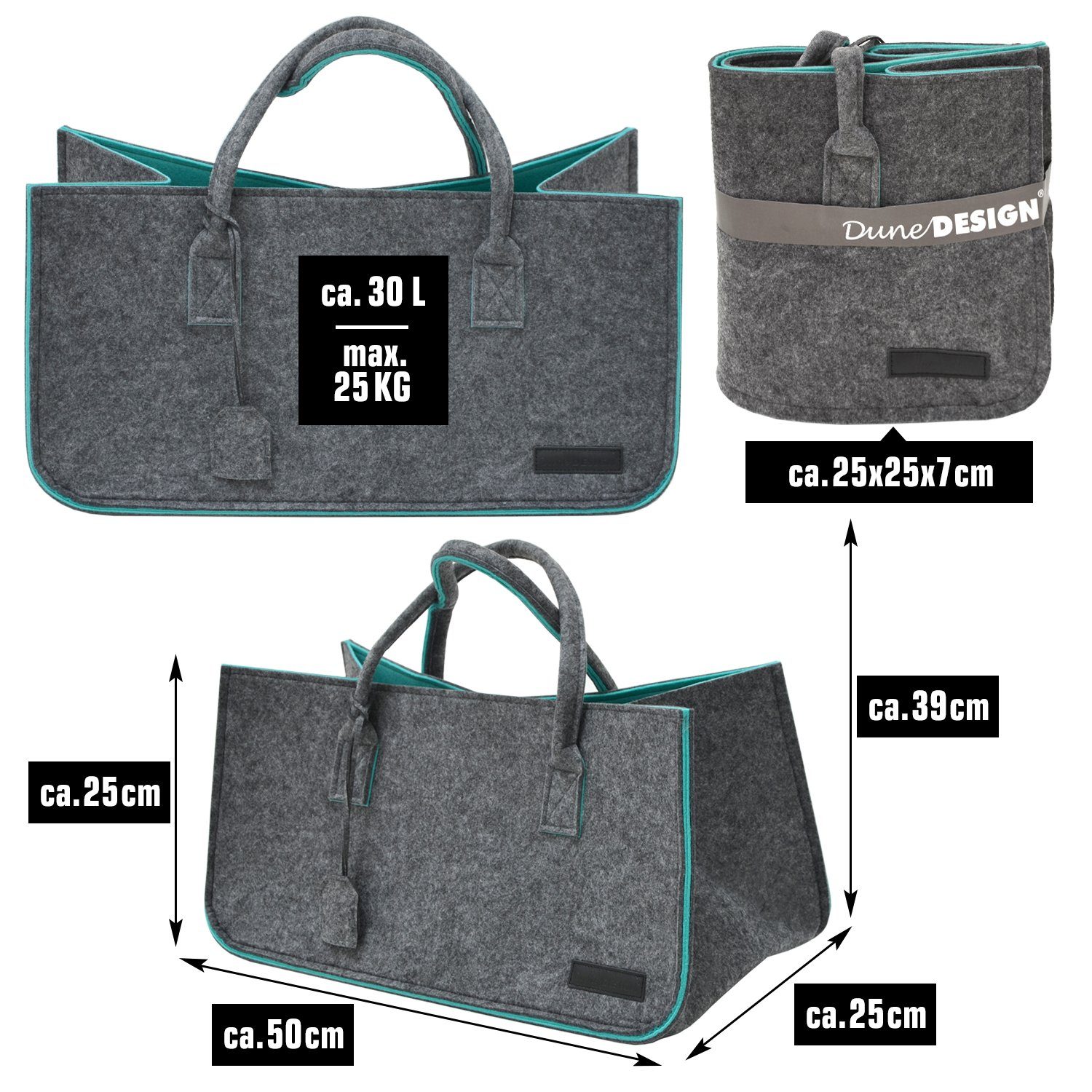 DuneDesign Einkaufsshopper 30l Tragetasche Filz - Schwerlast Einkaufstasche - Shopper bis 25kg, Faltbar - Kaminholztasche - Wäschekorb - Spielzeugkorb – Bild 5 von 5