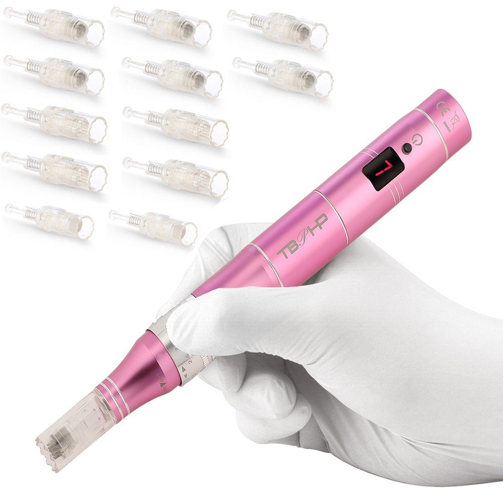 LOVONLIVE Micro-Needling professionelles elektrisch derma pen 0-2,5mm (Inkl.12 köpfe Patronen), Anti Aging Skin Device mit LCD Bildschirm und 7 stufen | Dermaroller