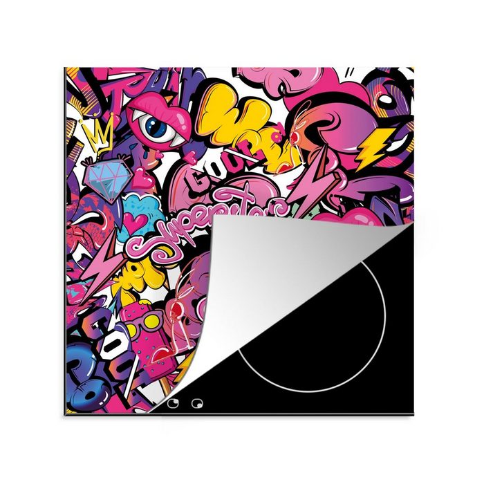MuchoWow Herdblende-/Abdeckplatte Design - Superstar - Cool - Muster - Lippen - Kinder Vinyl (1 tlg) Ceranfeldabdeckung Arbeitsplatte für küche