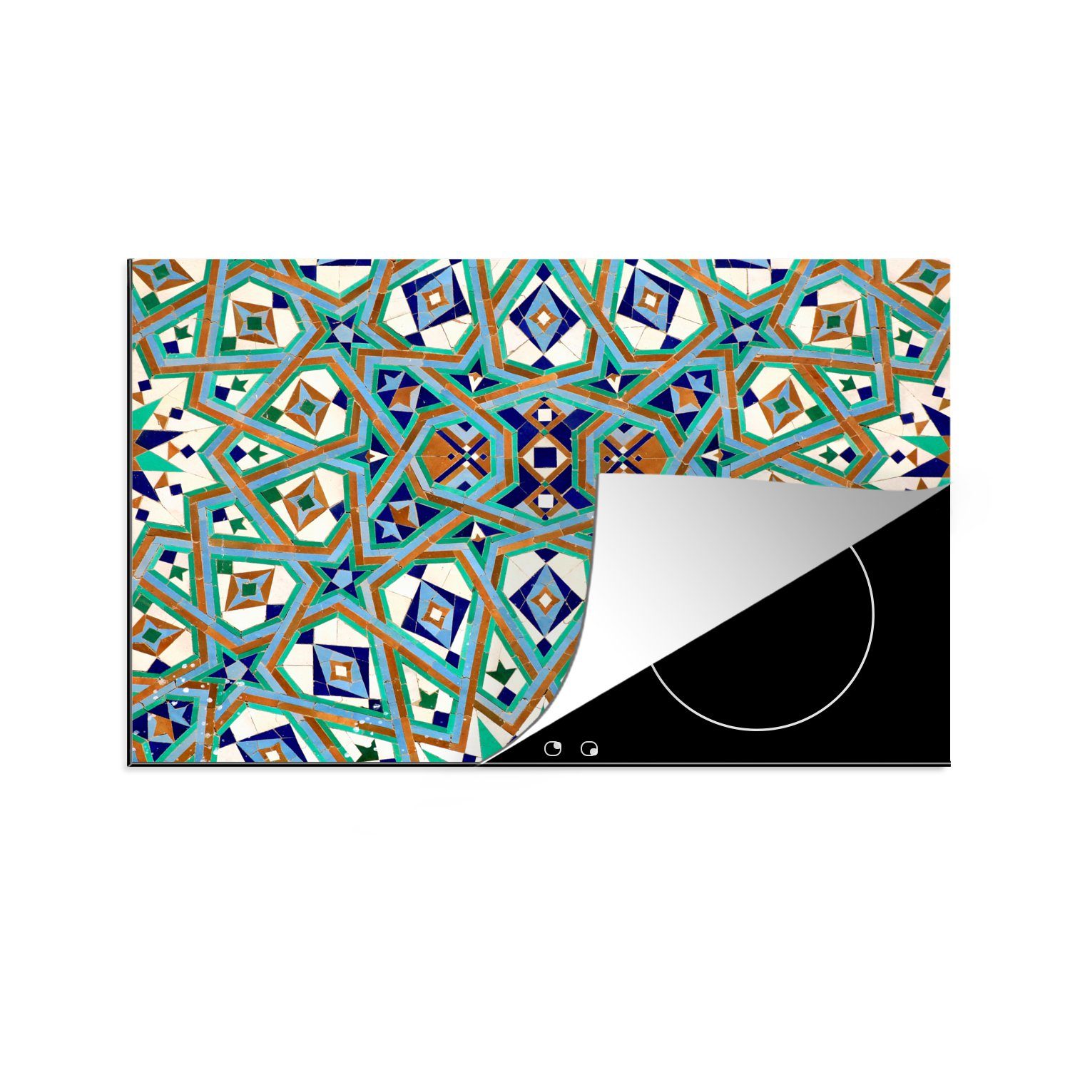 MuchoWow Herdblende-/Abdeckplatte Eine marokkanische Mosaikwand, bei der die Figuren ineinander, Vinyl, (1 tlg), 81x52 cm, Induktionskochfeld Schutz für die küche, Ceranfeldabdeckung