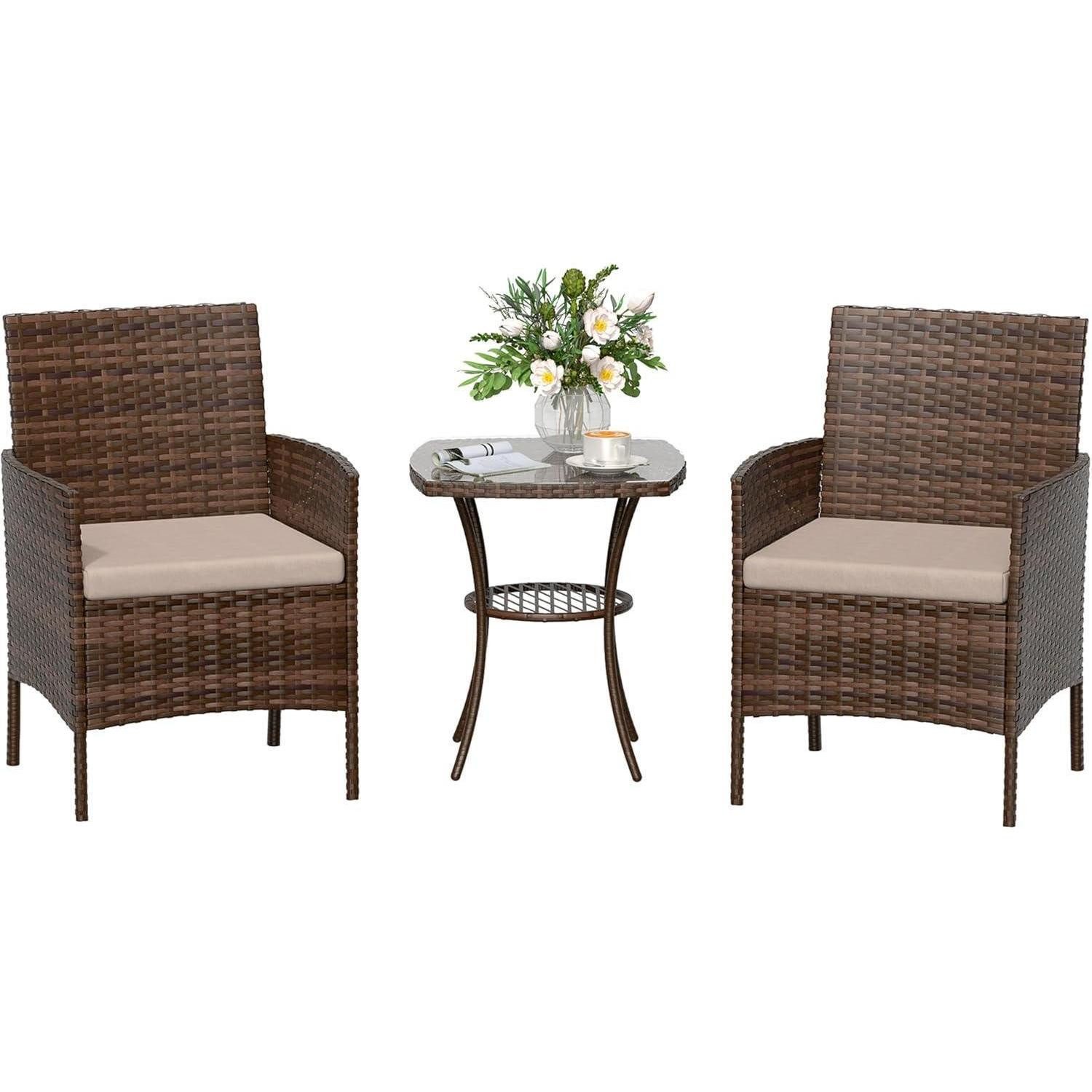 Amopatio Balkonset Rattan Gartenmöbel Set 3 teilig Wetterfest Braun