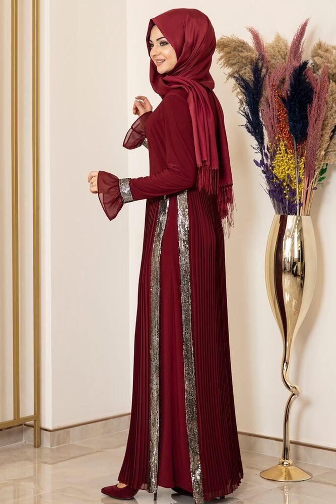 Damen Abendkleid Modavitrini Hijab Rock Pailletten mit Maxikleid Bordeaux Abaya Faltendetail Fashion Abiye Lila Modest