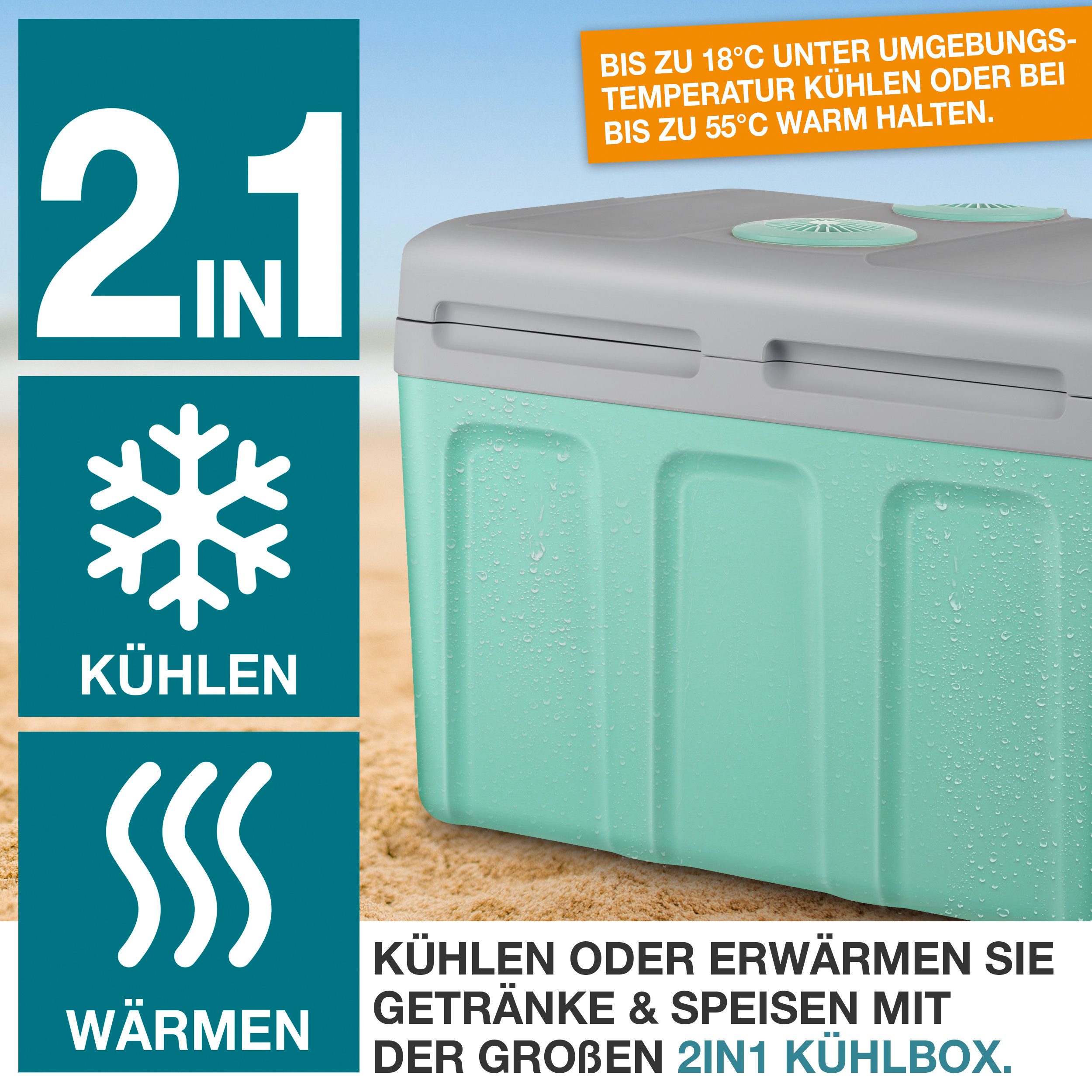 TOM Elektrische Kühlbox 2in1 40 Liter mit Handtuch, 40 l, 230V (AC), 12V (DC), Geräuschlos, 56x41x39cm (B x H x T)