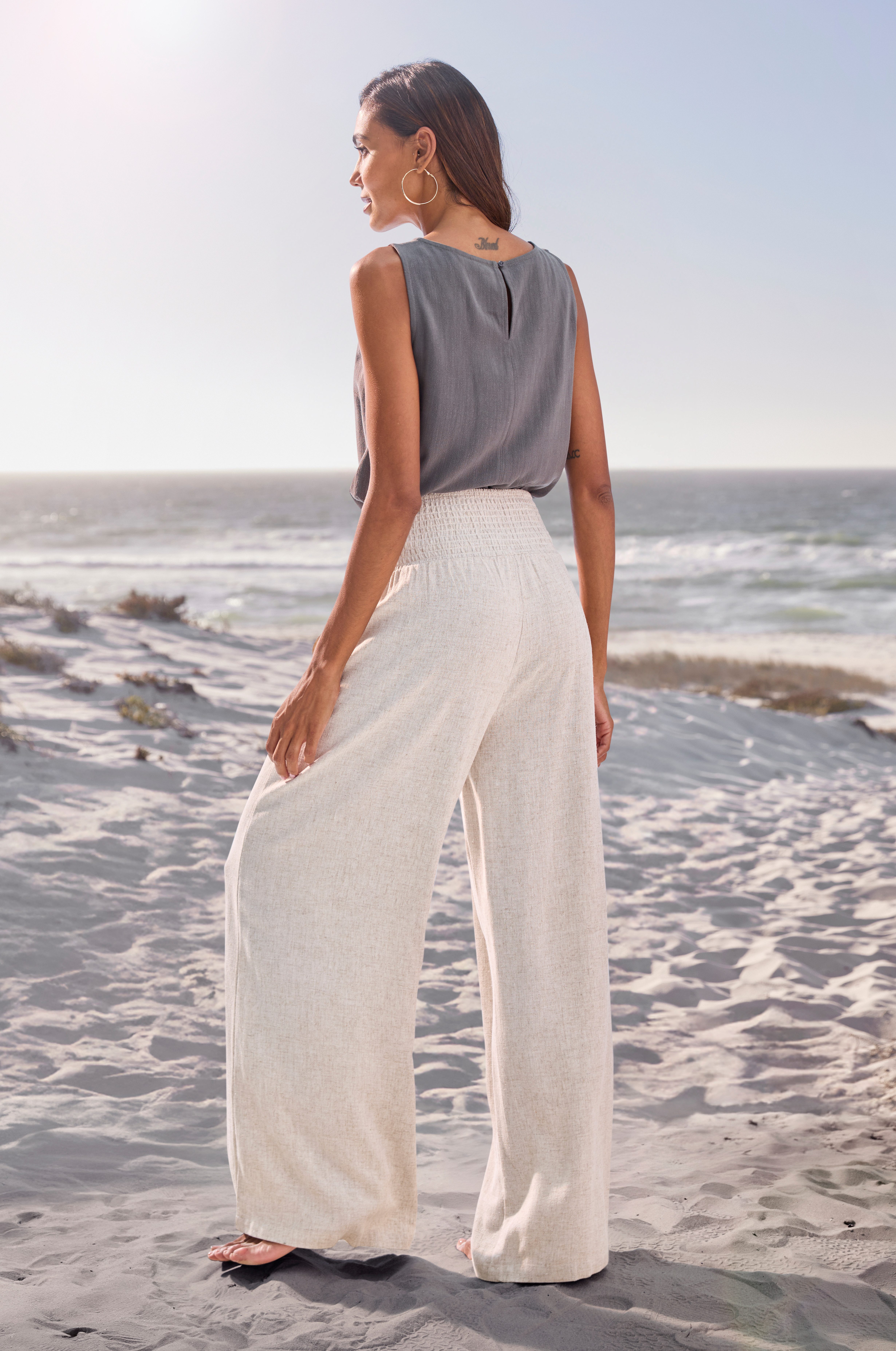 French Connection Leinenhose mit gerafftem Bund, weite Palazzohose für den Sommer