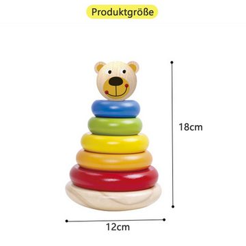 Tooky Toy Lernspielzeug Bär Wackelturm (Set, Regenbogen-Stapelbausteine), Stapelspielzeug Holzspielzeug Balancierspiel aus Holz