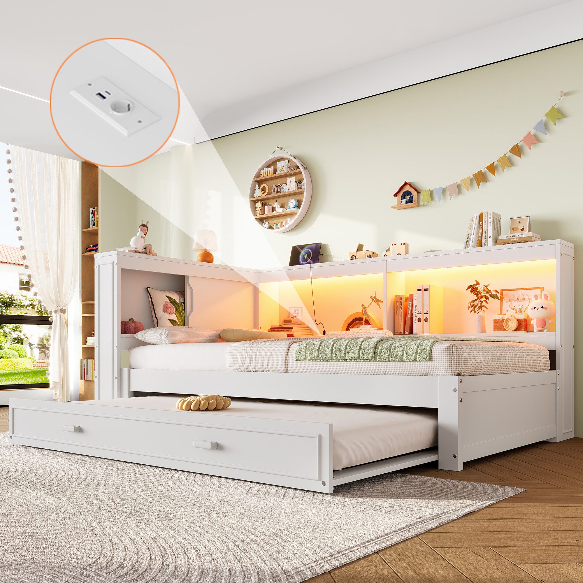 Odikalo Schlafsofa 90x200 Schlafcouch Tagesbett mit LED, Daybett, 90x200 cm mit ausziehbarem Bett, Mit LED-Leuchten, Mit Steckdose, 1 USB-Anschlüssen, 1 Typ-C ausgestattet, Ohne Matratze, Weiß