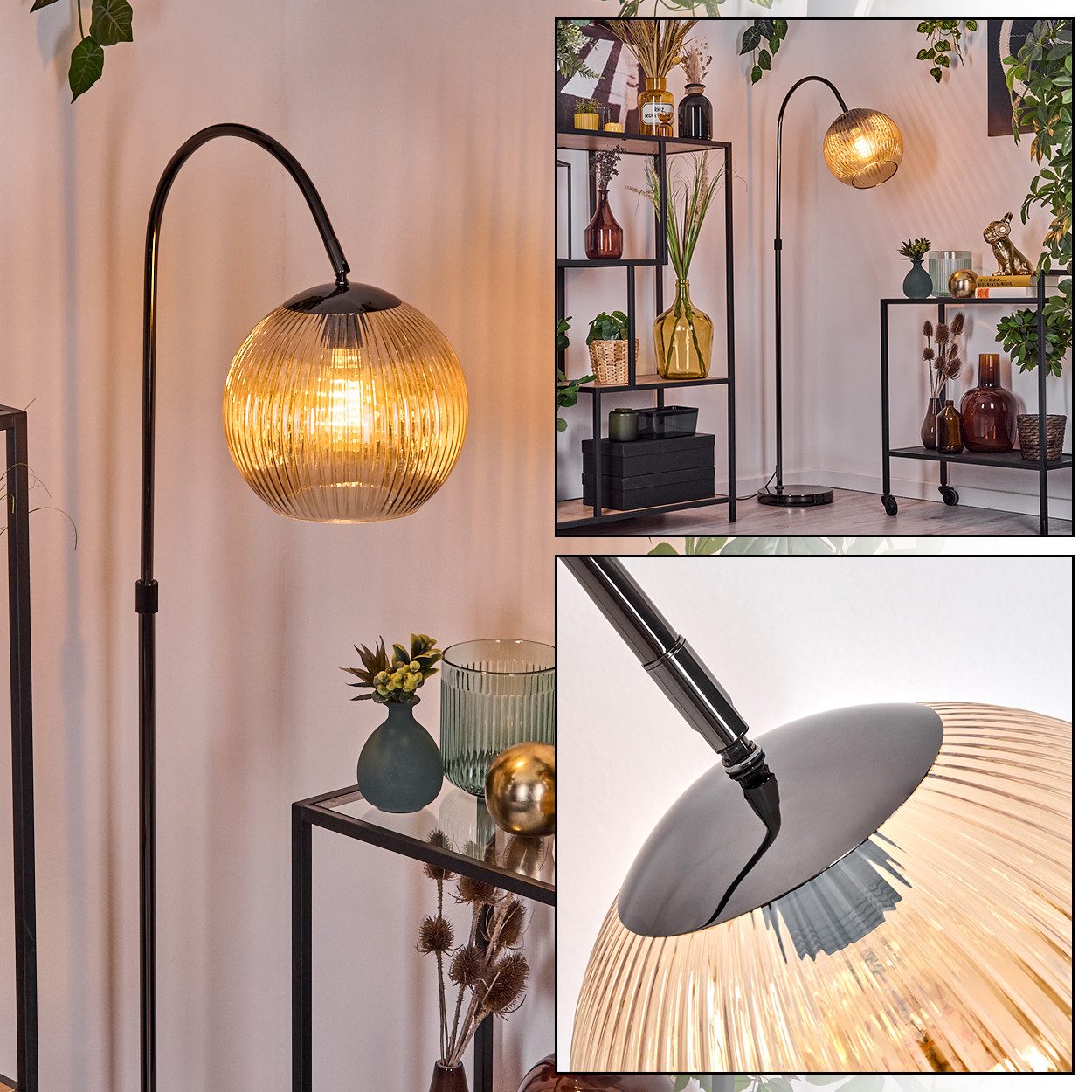 Stehlampe Stehlampe Metall/Riffelglas in Schwarz/Chrom/Bernstein im Retro-Design