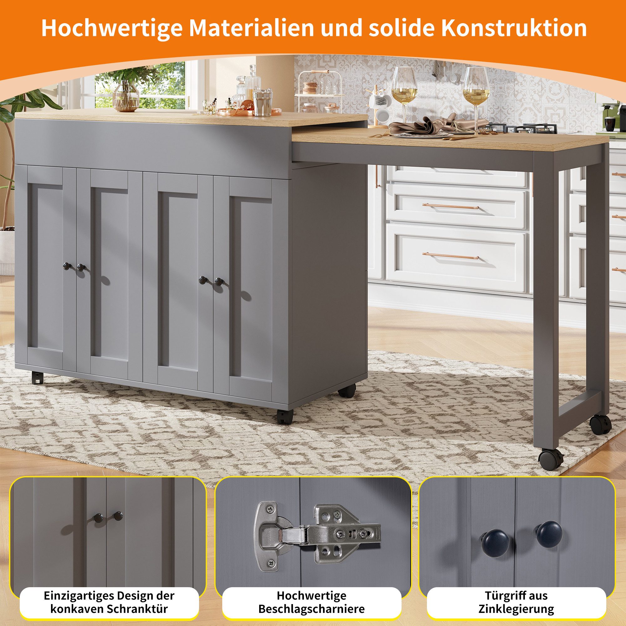 i@home Kücheninsel Ausziehbarer Bartisch, (118–180cm, mit elegantem konkavem Türdesign), Platzsparende bewegliche Kücheninsel mit ausziehbarer Arbeitsfläche – Bild 4 von 5
