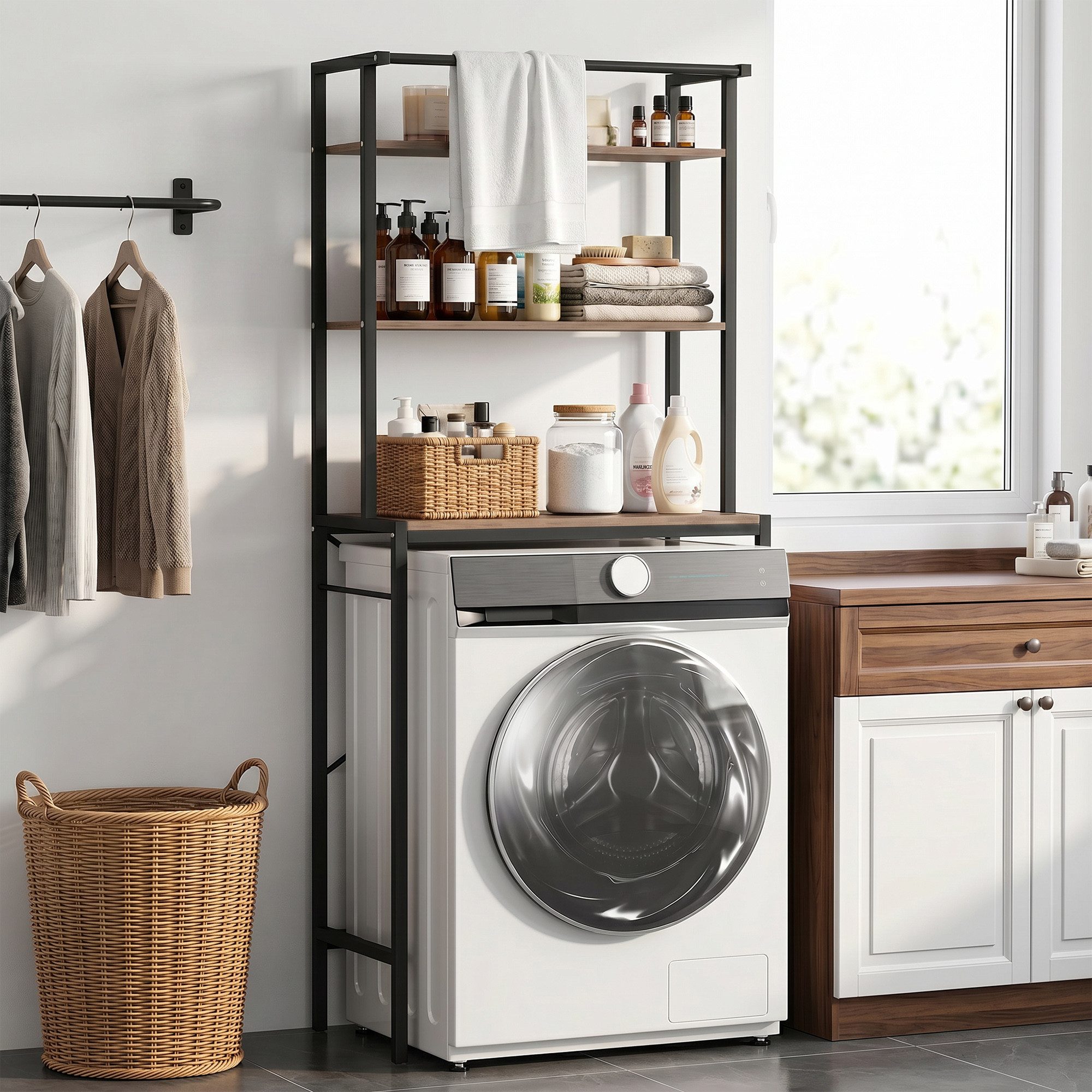 HOMCOM Waschmaschinenumbauschrank Badezimmerregal mit Trockenstange (Set, 1-St., 1er Set) Für Waschmaschine