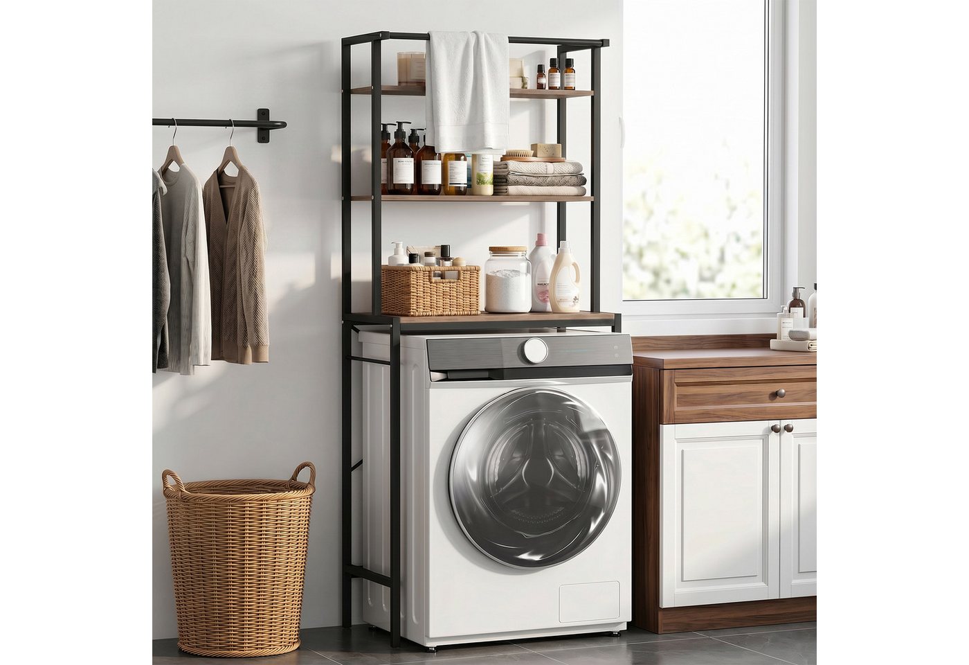 HOMCOM Waschmaschinenumbauschrank Badezimmerregal mit Trockenstange (Set, 1-St., 1er Set) Für Waschmaschine