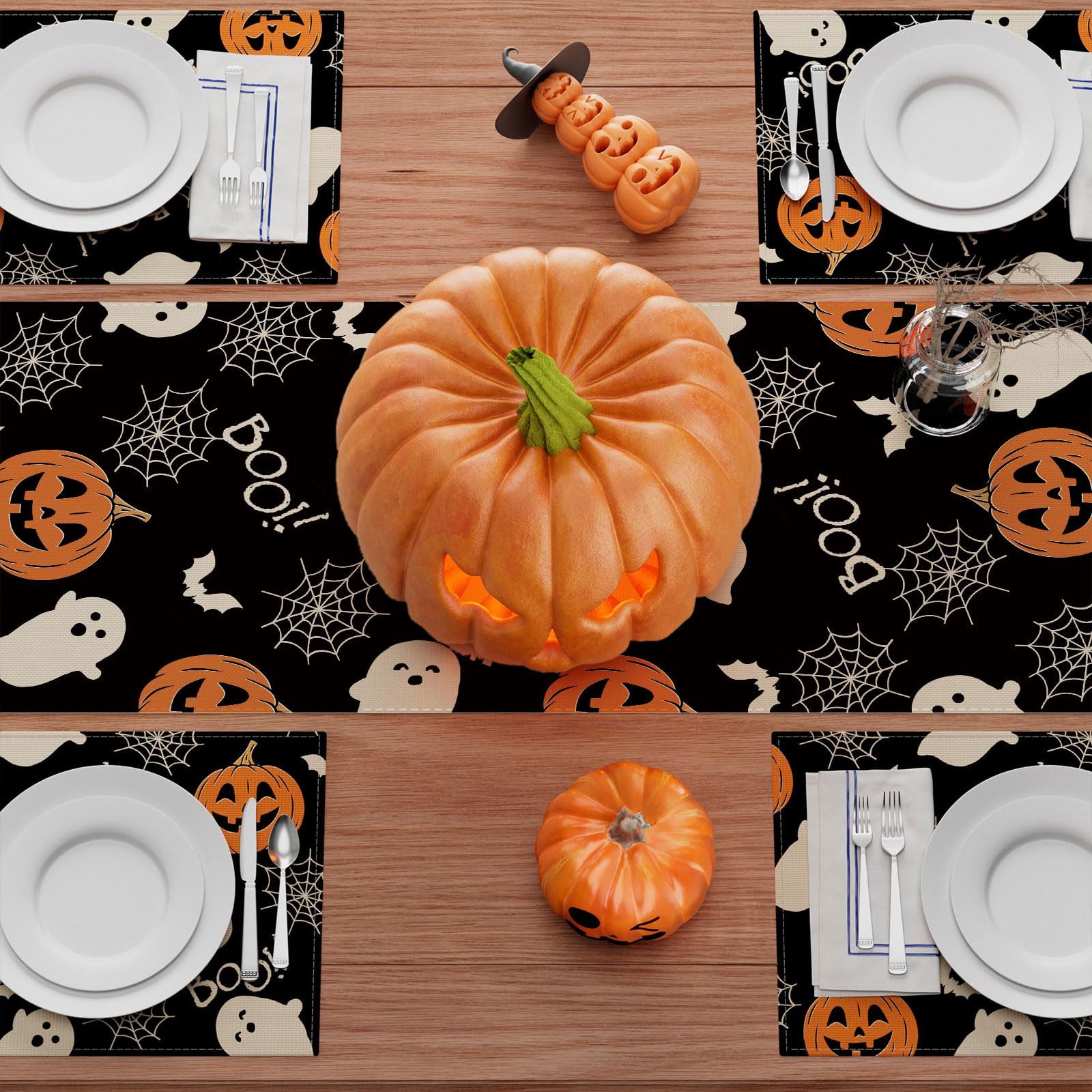 Sorvyzxn Tischläufer Halloween Tischläufer Leinen,Geister-Kürbis-Tischläufer, 33 × 183 cm, Tischdekoration für Zuhause, Küche, Esszimmer, Dinner, Innenbereich