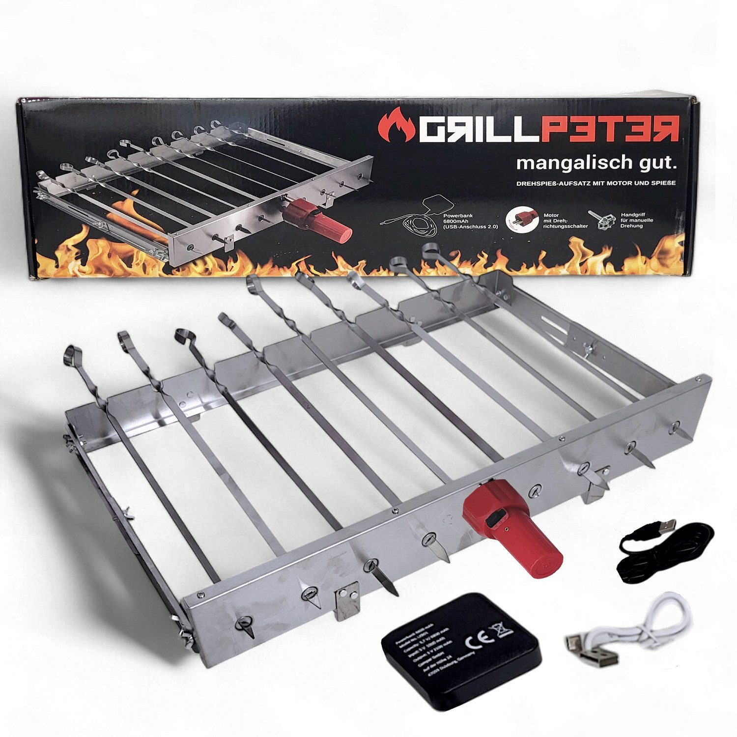 Grillpeter Drehspieß Schaschlik Spießdreher für 9 Spieße Motor Powerbank USB Spieße