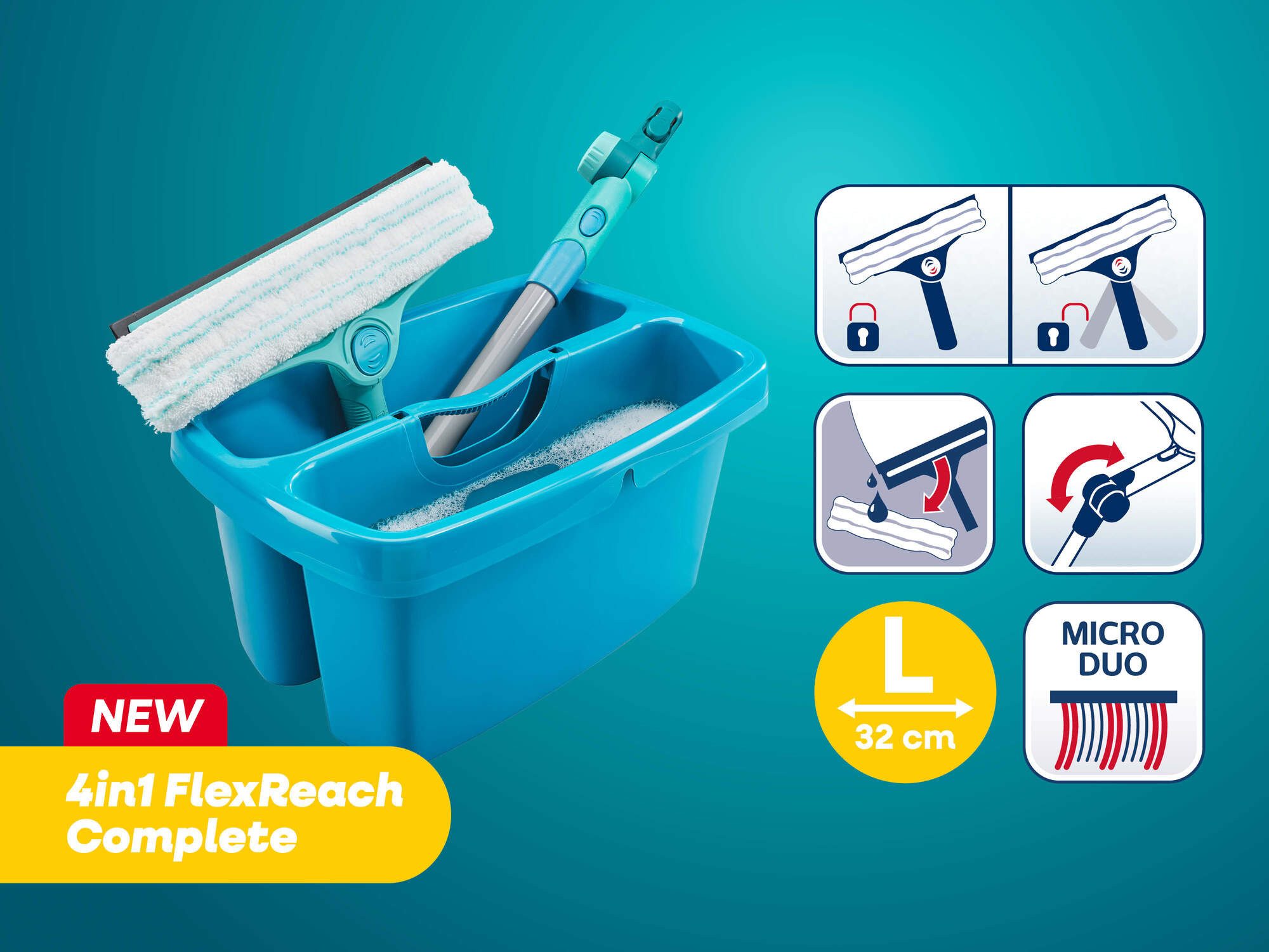 Leifheit Fensterreiniger Set Fensterreinigung 4in1 FlexReach Complete, (4-St) 32 cm Abziehlippe. 4in1 Anwendung, 43 cm Stiel, reinigt Rahmen