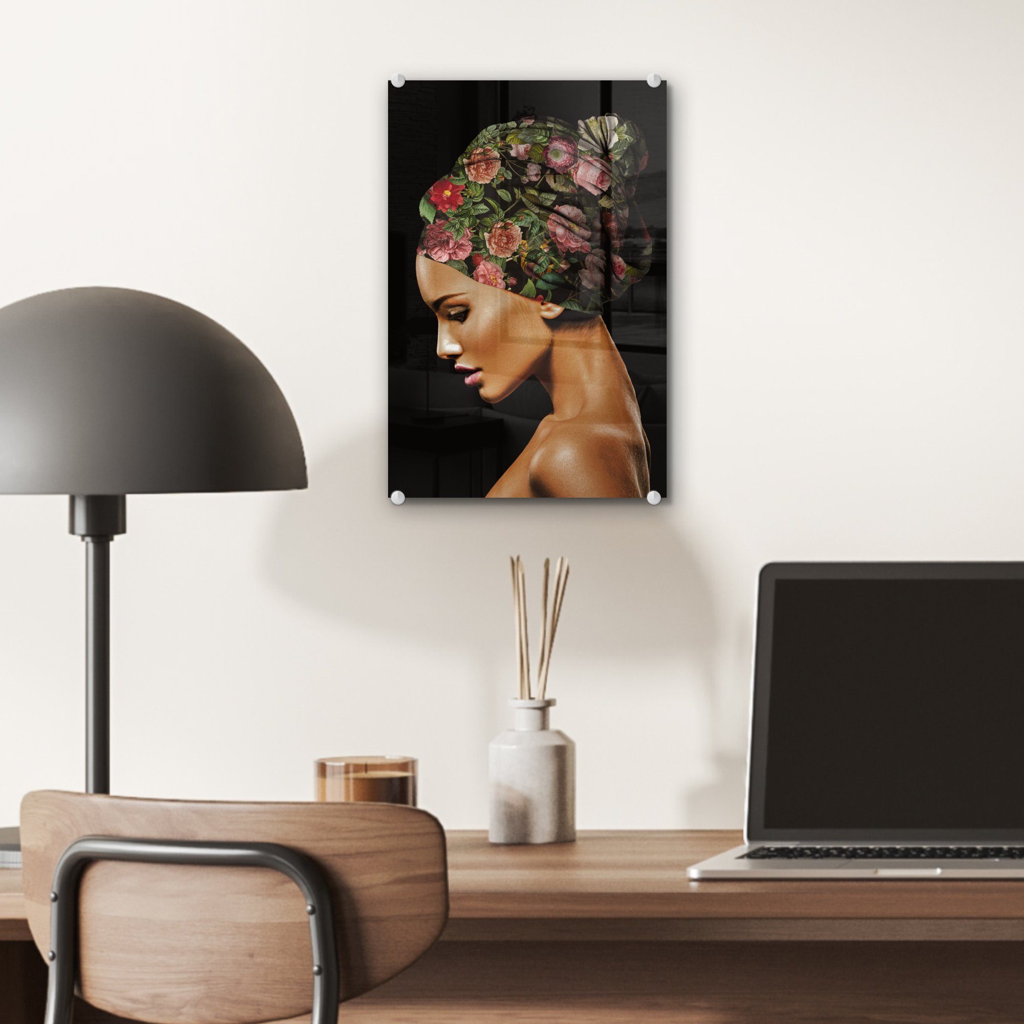 - - Bilder Frau auf Glas Acrylglasbild Kopftuch Foto Wanddekoration Wandbild - MuchoWow (1 - Blumen, Glas auf Glasbilder - St),