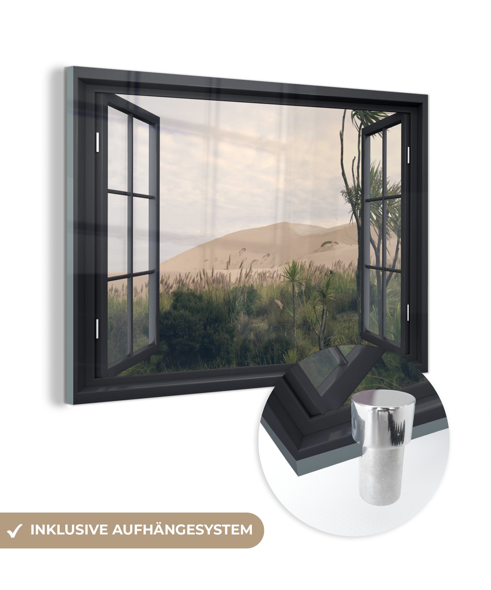 - Wanddekoration - Bilder - Düne Glas - St), Glasbilder MuchoWow auf Grün, (1 Ansicht Wandbild auf Foto Glas - Acrylglasbild