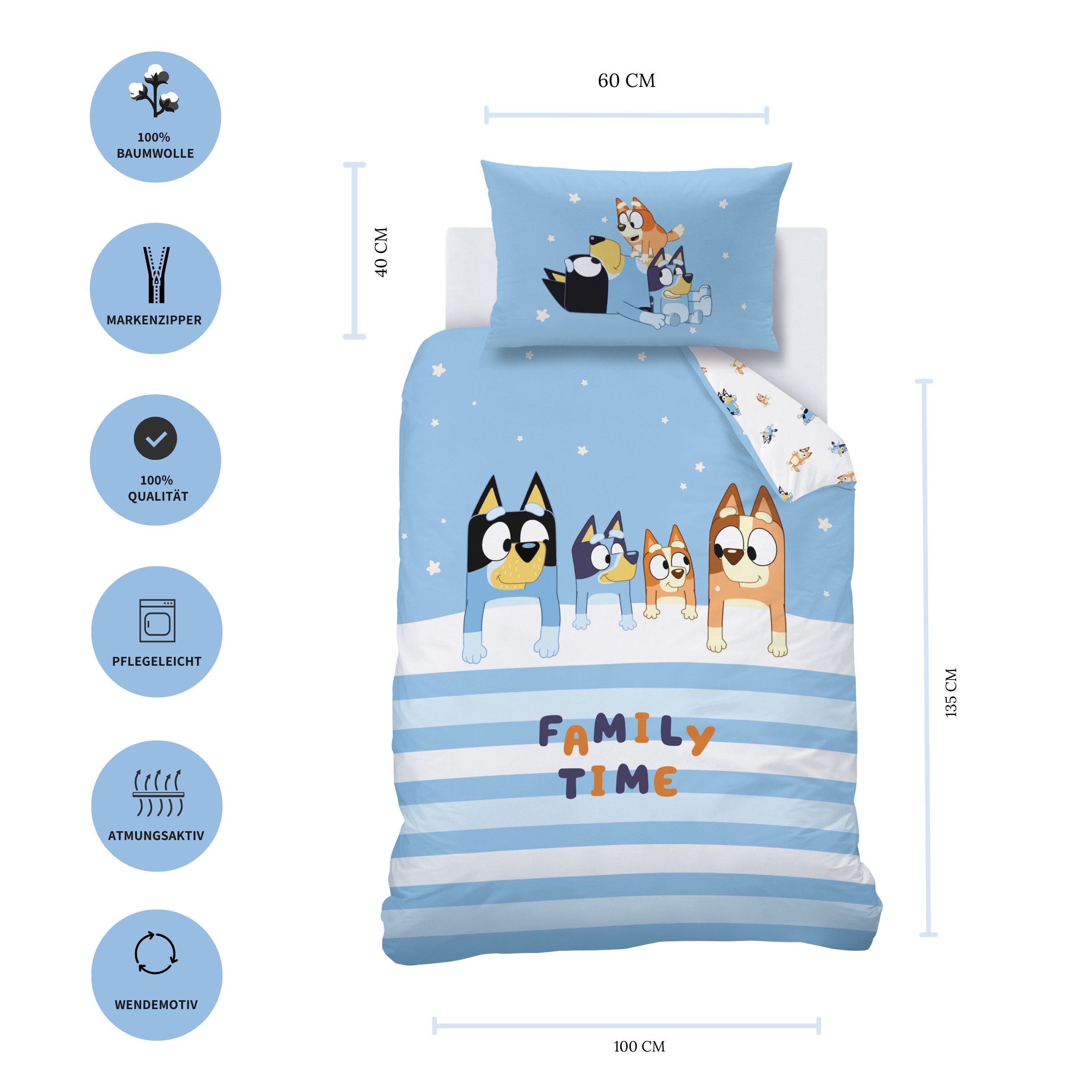 MTOnlinehandel Babybettwäsche Bluey Family Time 100x135 + 40x60 cm in Renforcé, Geschenkidee, 100% Baumwolle, 2 teilig, Süßes Bettwäsche- Set für Babys und Kleinkinder