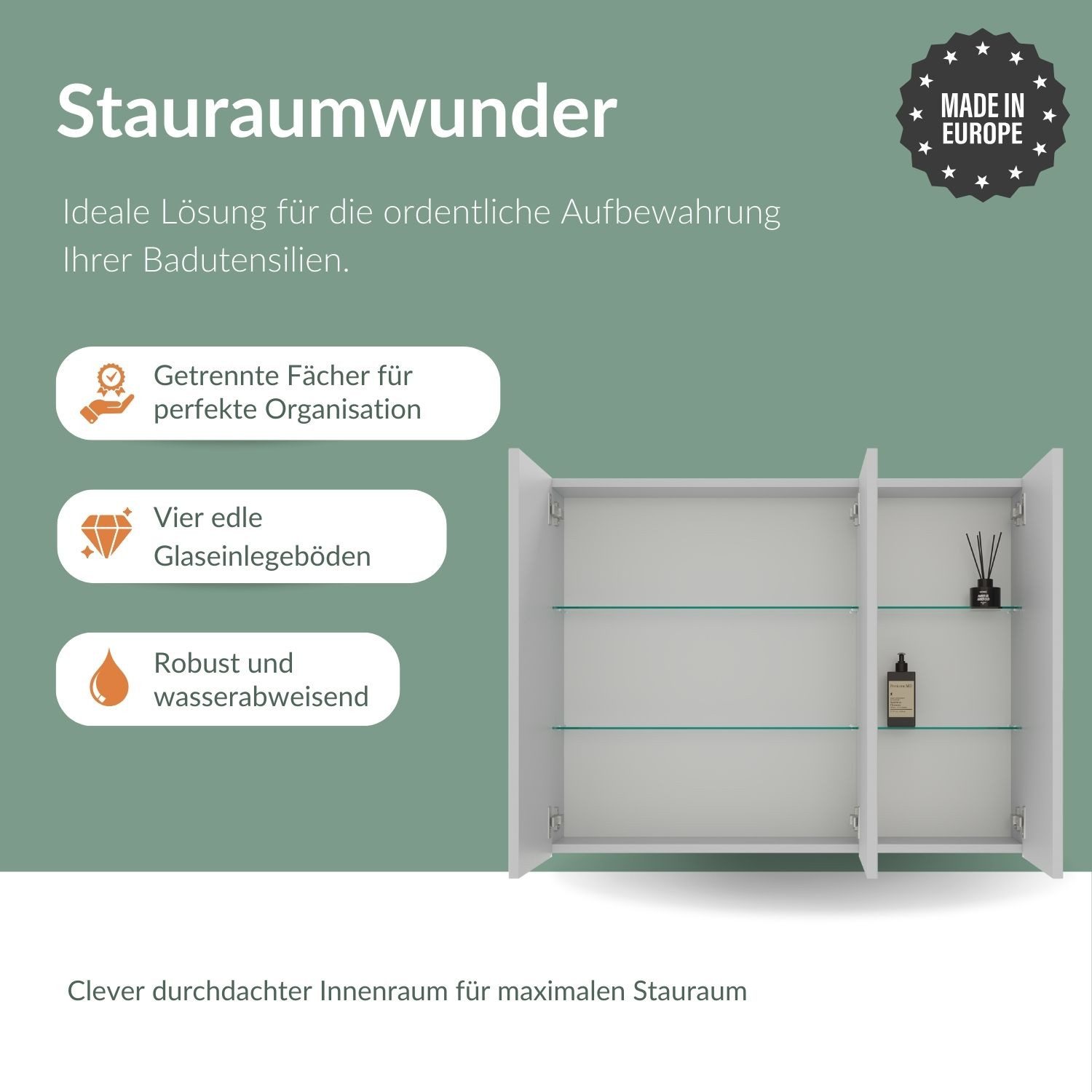 Planetmöbel Spiegelschrank Spiegelschrank ARIA (Spiegelschrank Bad 90 cm mit Beleuchtung und Steckdose, Badspiegelschrank 2-türig) weiß grau