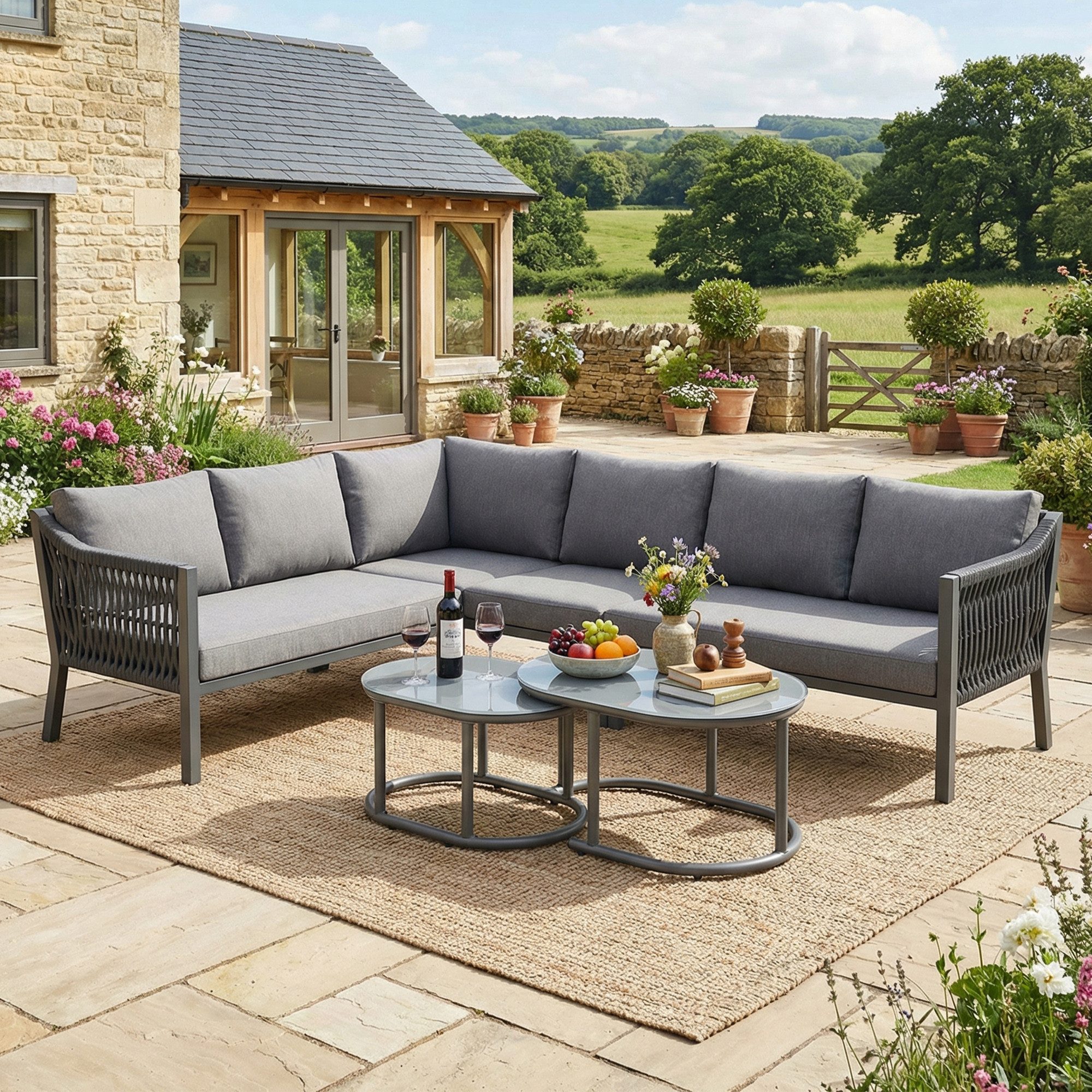 Flieks Gartenlounge-Set, 6-Sitzer Gartenmöbel Ecksofa, handgeflochtenes Seil, Glastischplatte