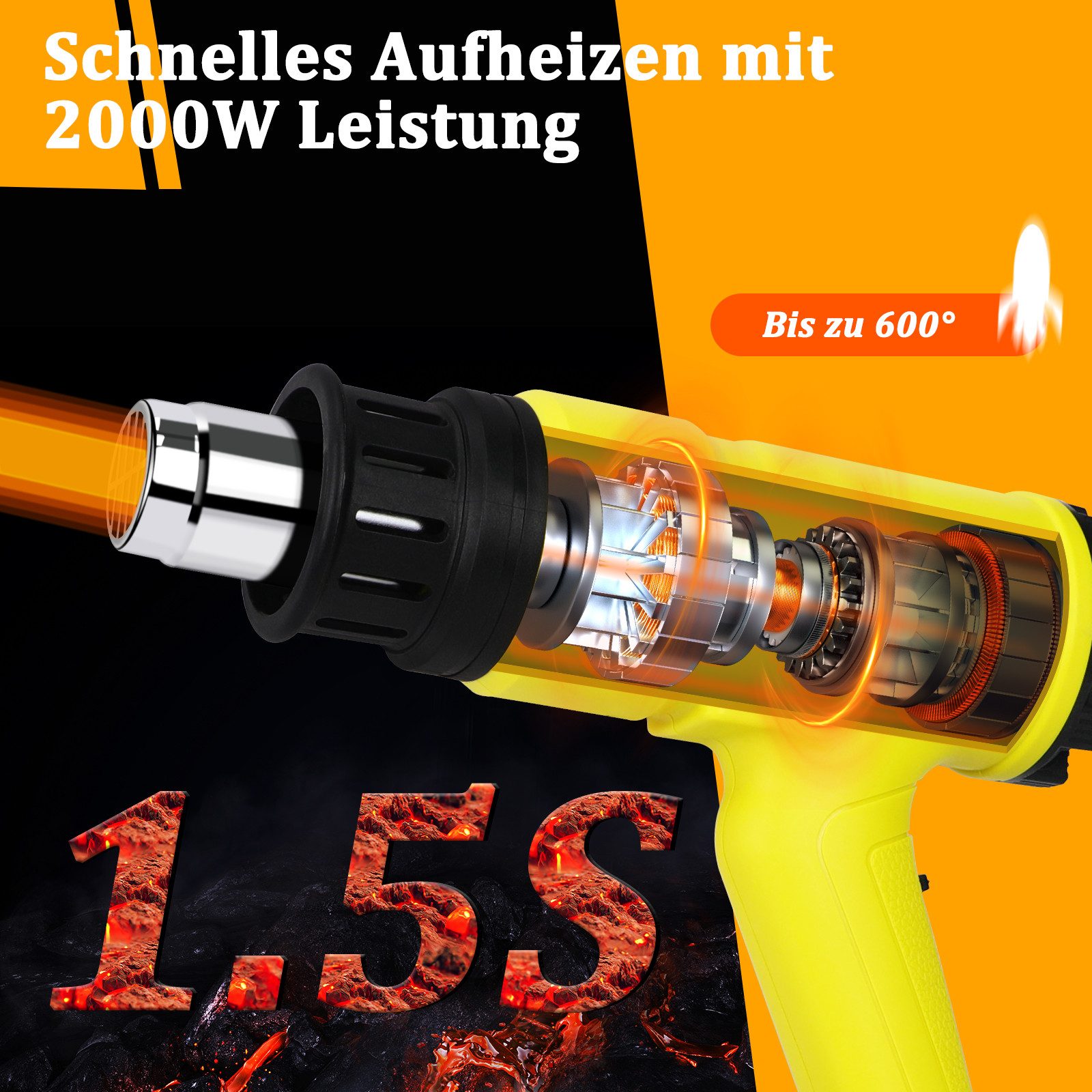 Nettlife Heißluftgebläse Heißluftfön 2000W Regelbar Kit 60℃- 600℃ Heissluftpistole Stufenlos, 2000 in W, bis max. 600,00 °C, Heißluftgebläse zum Löten,Kerzen,Basteln,Schrumpfschlauch