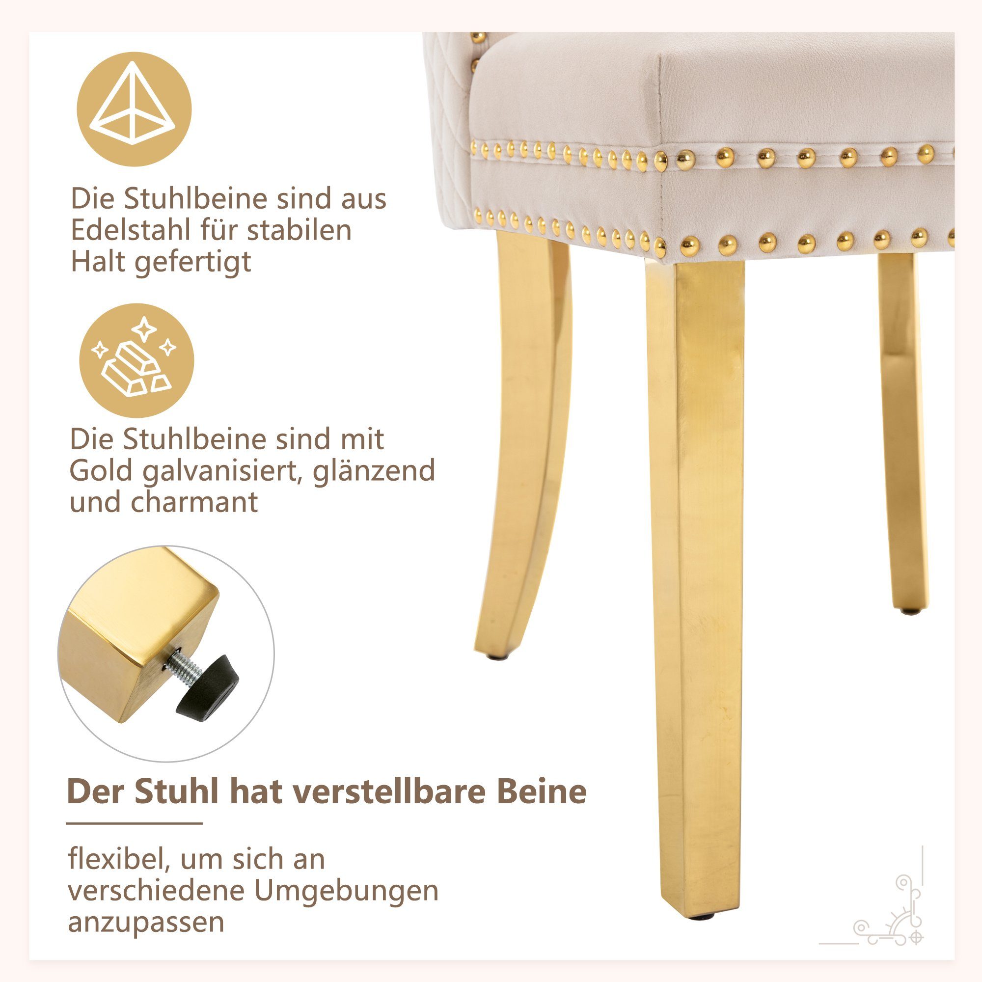 Esszimmerstuhl (Polsterstuhl, 2 St), Küchenstühle, Wohnzimmerstuhl, Golden Edelstahlbeinen, Samt