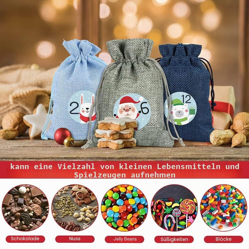 Bomiclss Adventskalender Adventskalender zum Befüllen 24 Jutebeutel Stoffbezug gedruckt, Wiederverwendbar, Weihnachtskalender Jutesäckchen – Bild 4 von 5