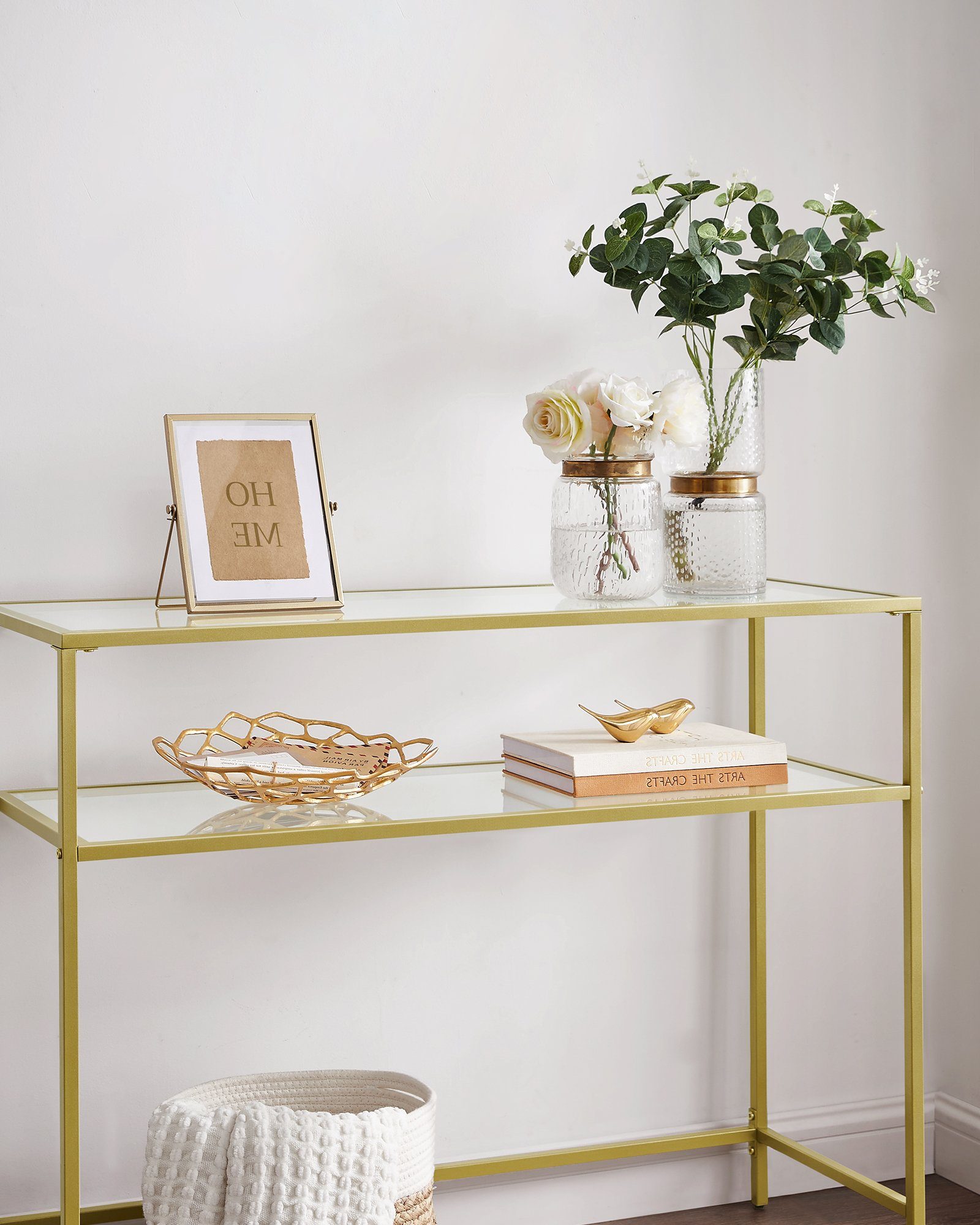 VASAGLE Konsolentisch Beistelltisch, mit 2 Goldfarben Wohnzimmer Hartglas, | Goldfarben Ablagen