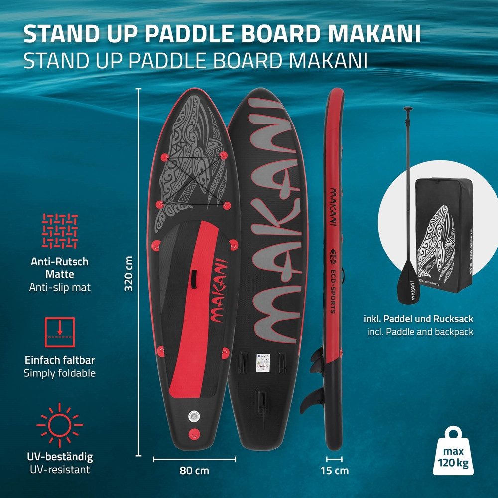 ECD Germany SUP-Board Stand Up Paddle Board aus PVC Paddelboard Paddling Board, Stand-Up Paddle-Board, SUP Board 320x80x15 cm 120 kg Traglast rutschfest bunt inkl Zubehör