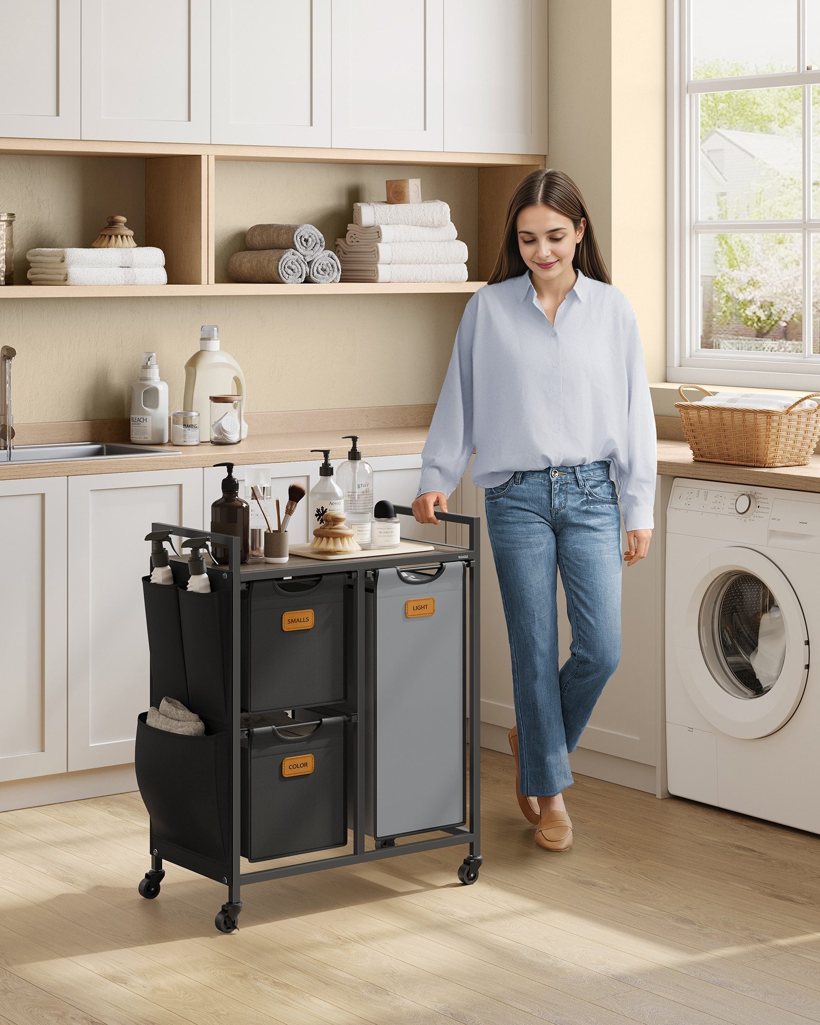 VASAGLE Wäschekorb, Wäschesammler, Wäschesortierer, Rollen, Wäschewagen mit günstig online kaufen