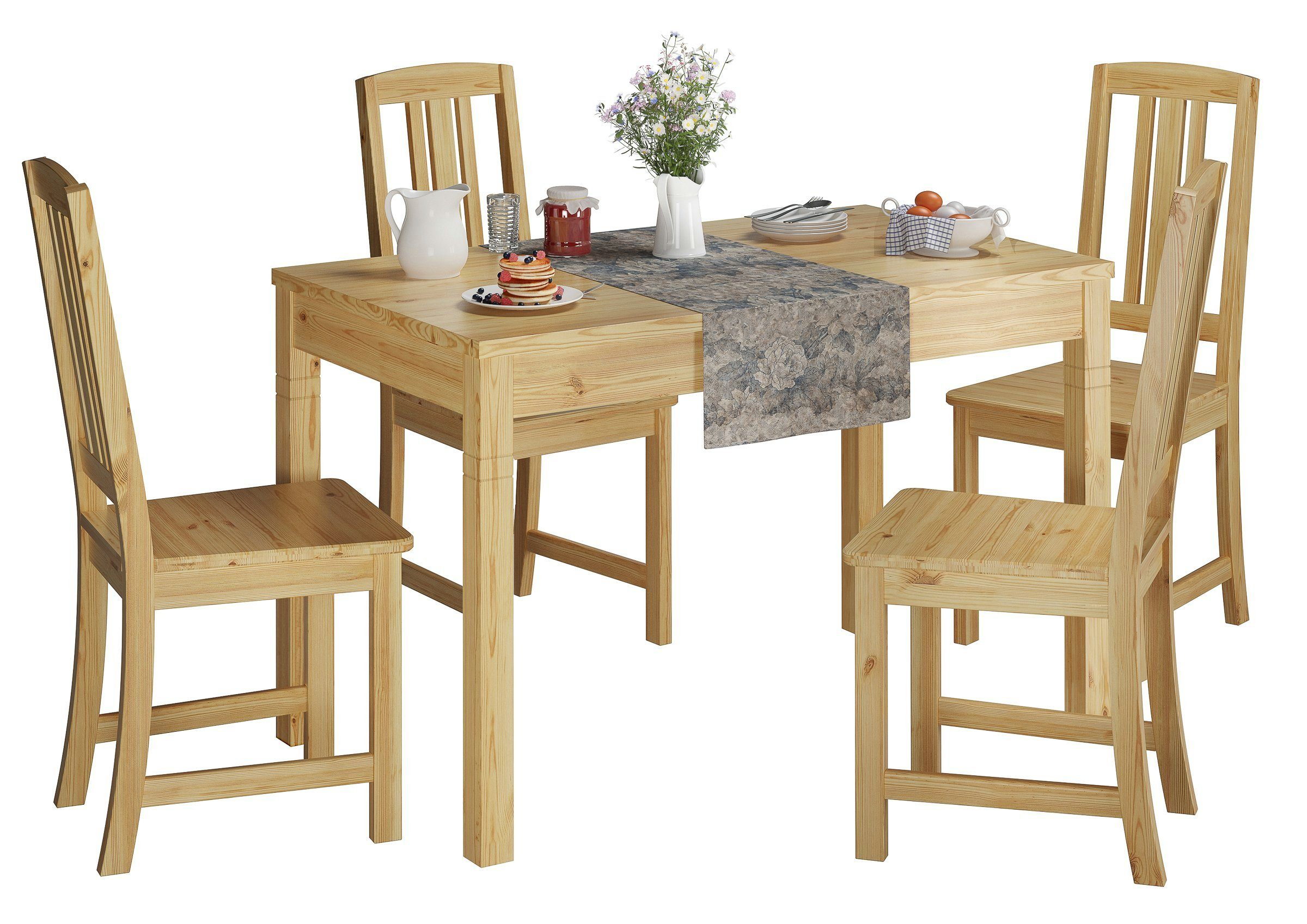 ERST-HOLZ Tisch mit Kiefer Essgruppe natur 4 Stühle Massivholz Vollholz-Essgruppe und