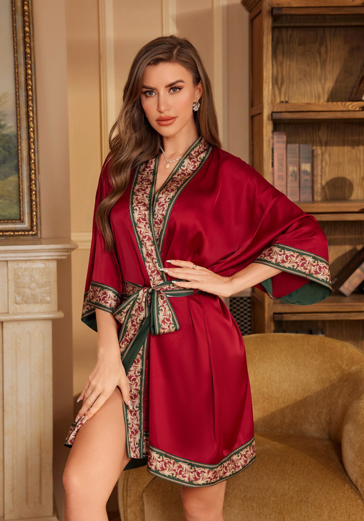 Vivi Idee Morgenmantel Kimono Bademantel, Nachthemd, Schlafmantel, satin Einheitsgröße WP3370, Bindegürtel, Seidig