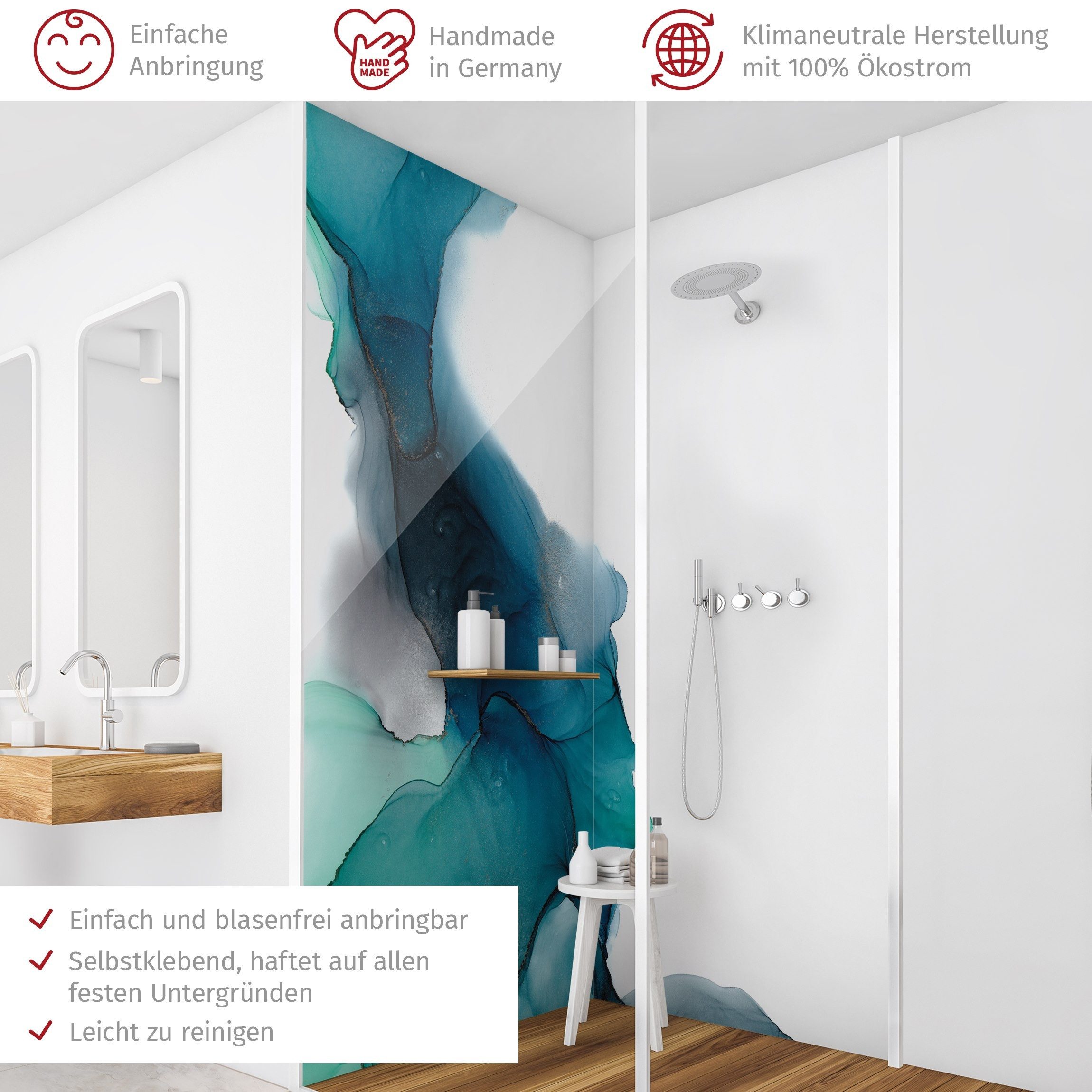 Thumbnail - Bilderdepot24 Badrückwand Muster türkis Duschrückwand ohne Bohren Dusche Aquarell, (2-tlg., Hart-Folie Premium matt 0,61...